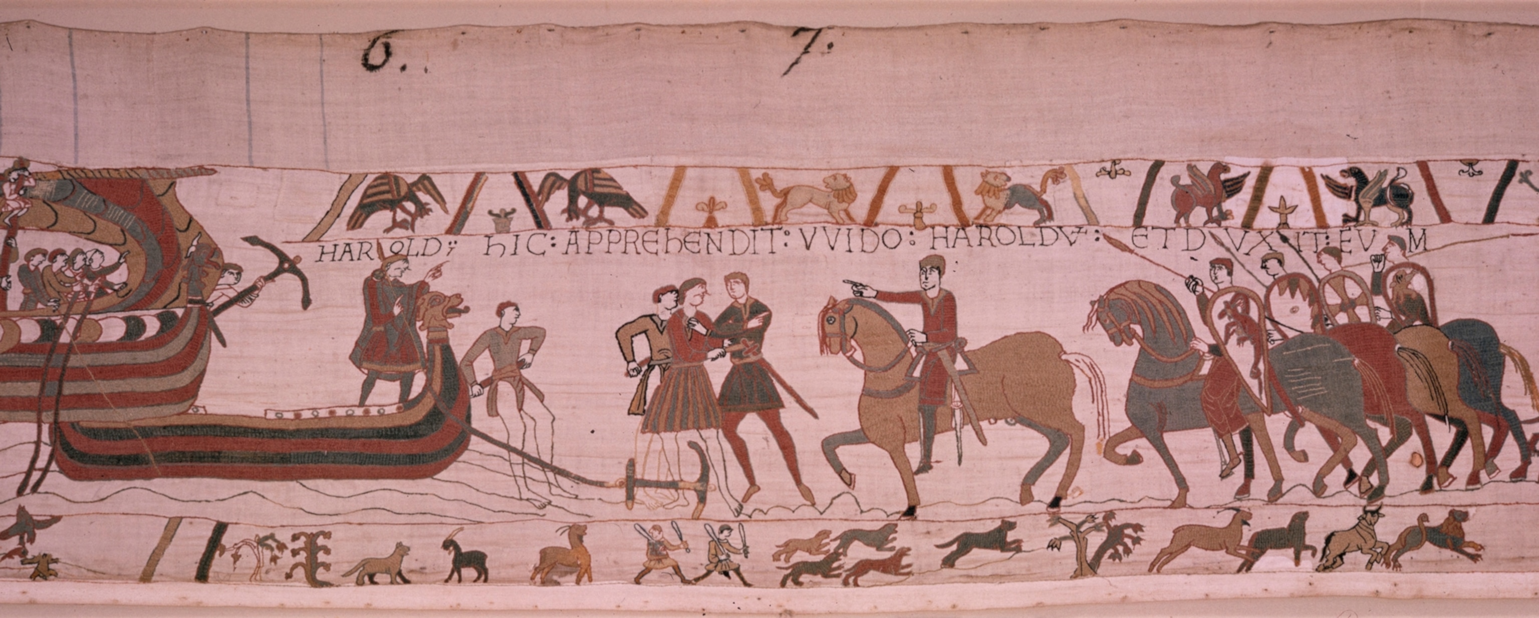 Harold is blown off course near St. Valery in the Bayeax Tapestry.