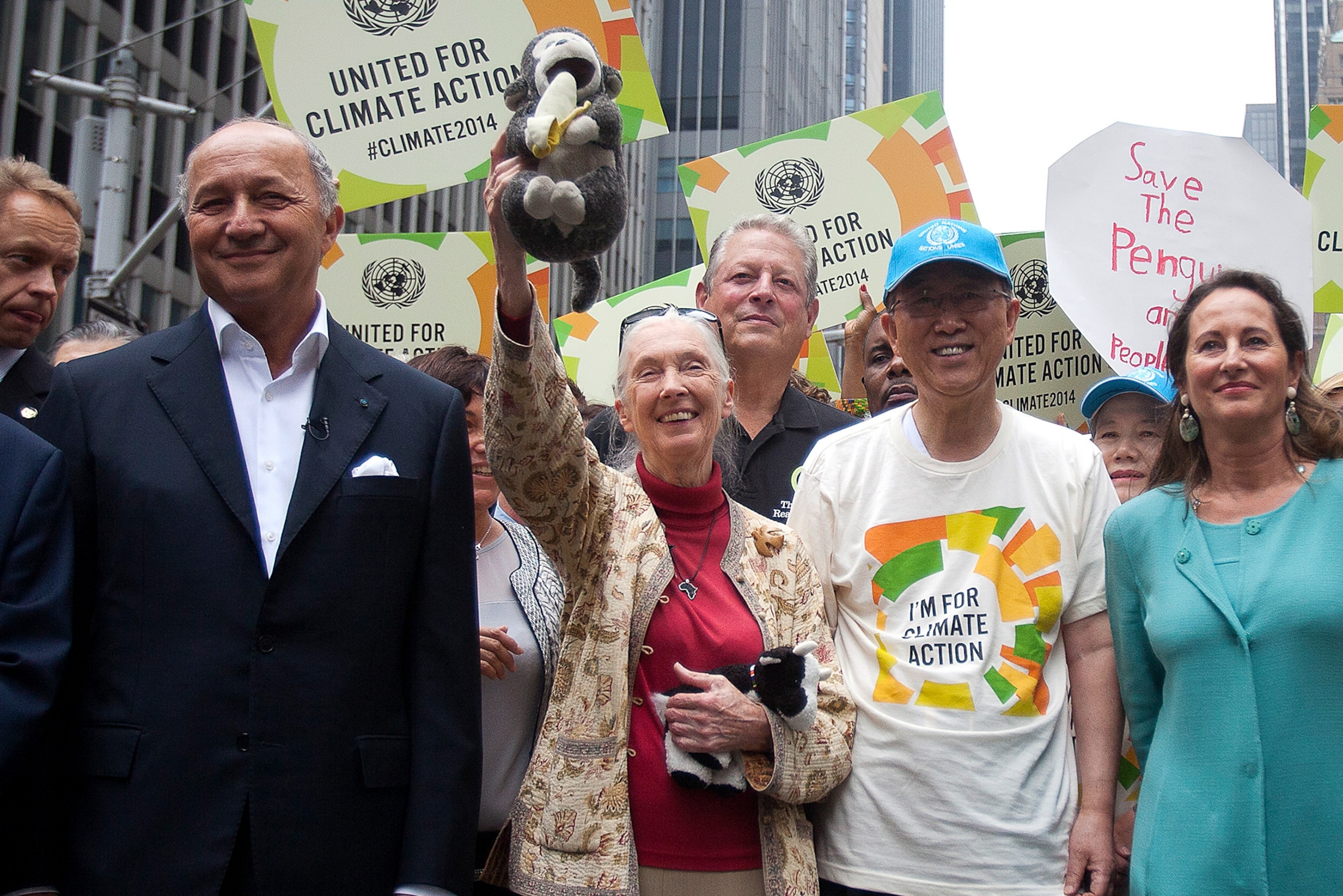 people gathering in Columbus Circle before the People's Climate March in New York.