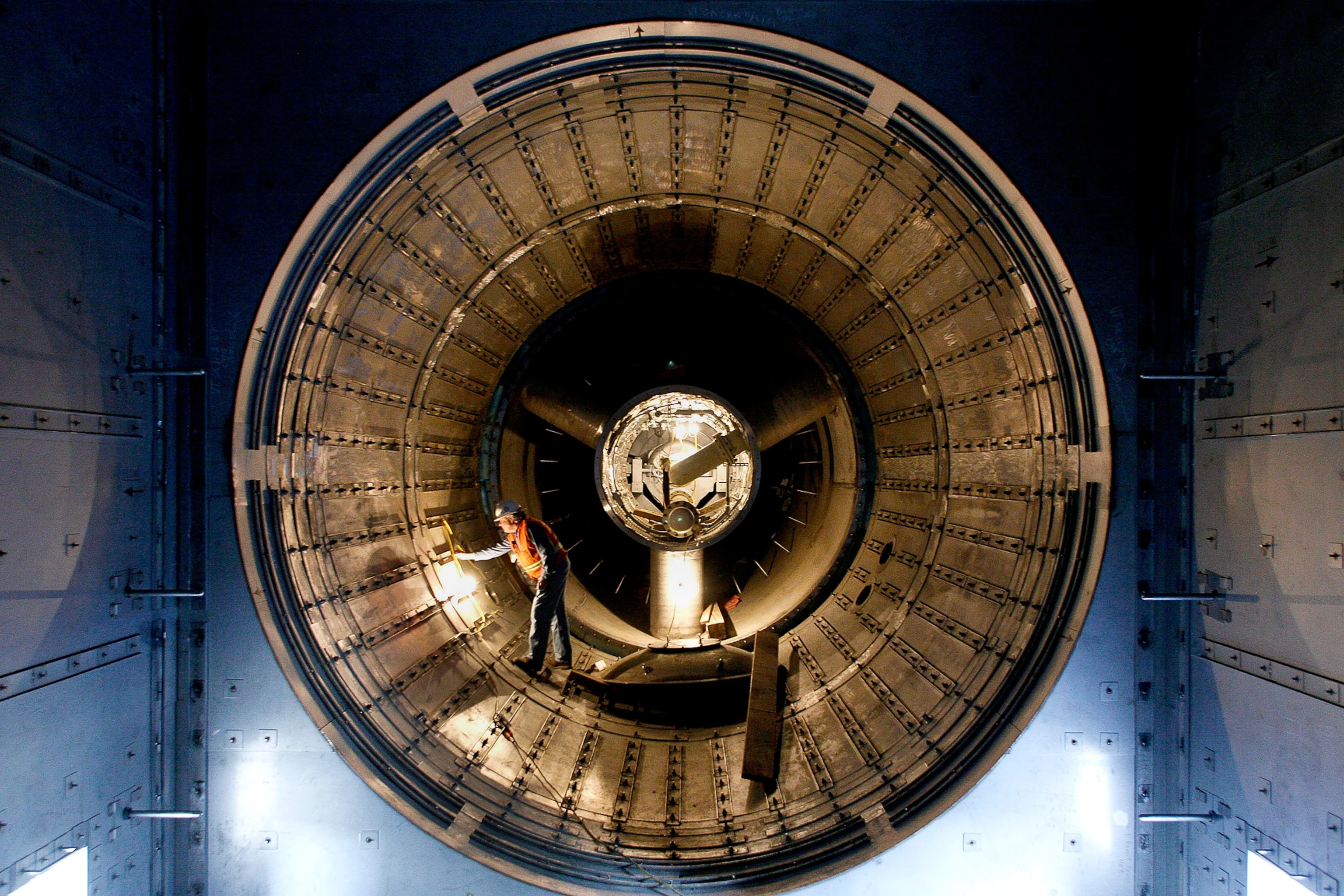 An engineer in an exhaust duct at a natural gas power plant in Maxwell, California.