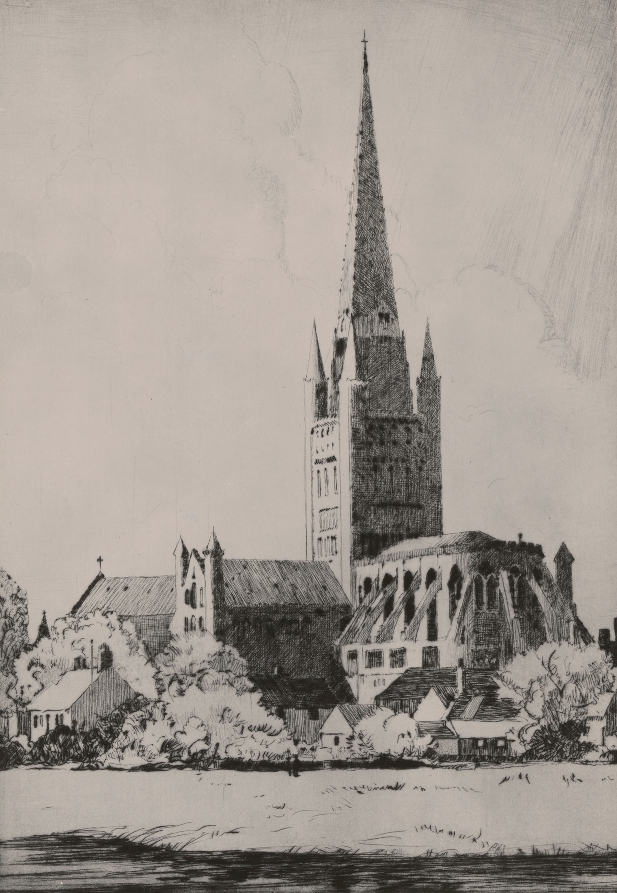 This drawing by Norman Wilkinson depicts the Norwich Cathedral.