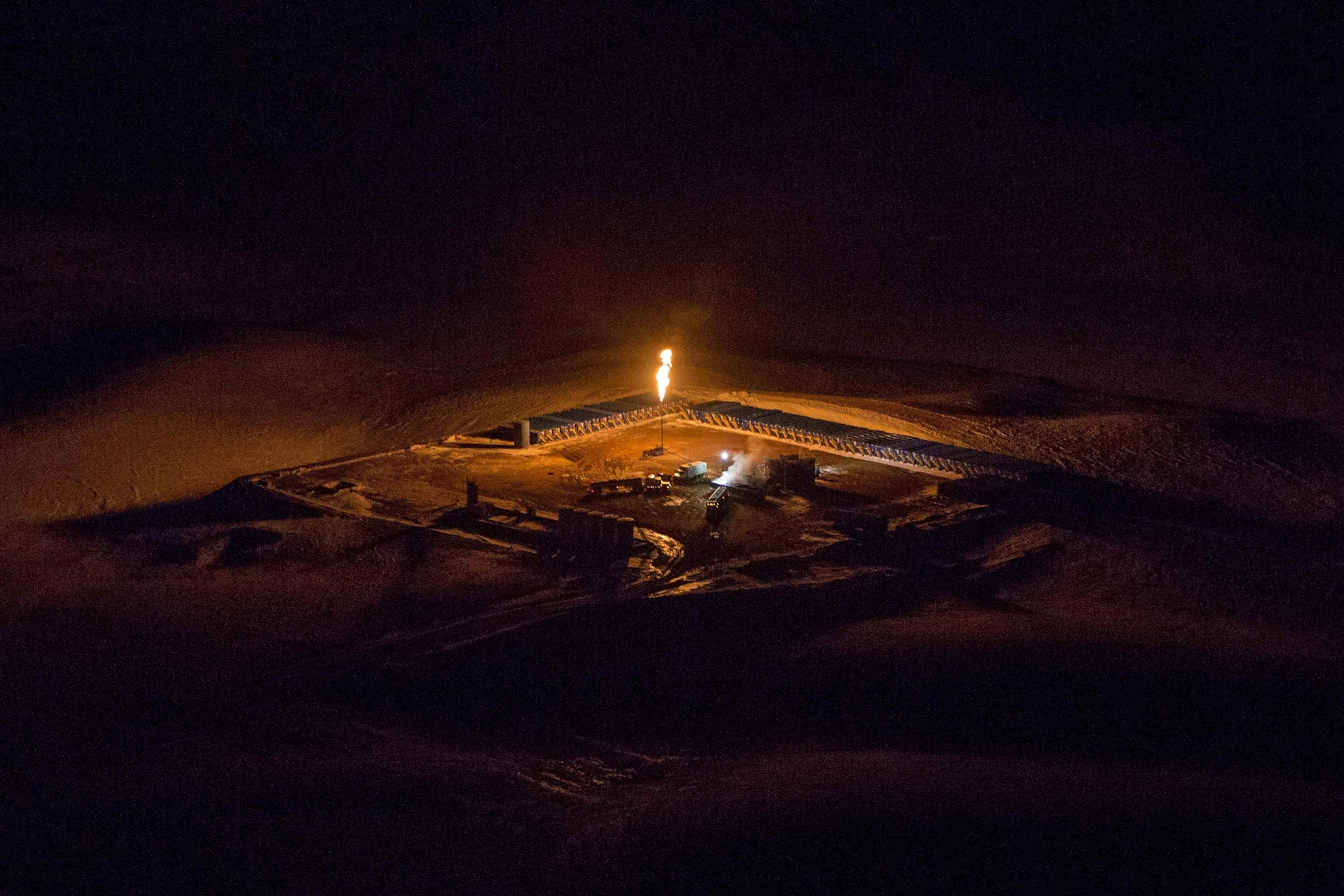 Aerial picture of a natural gas flare in North Dakota