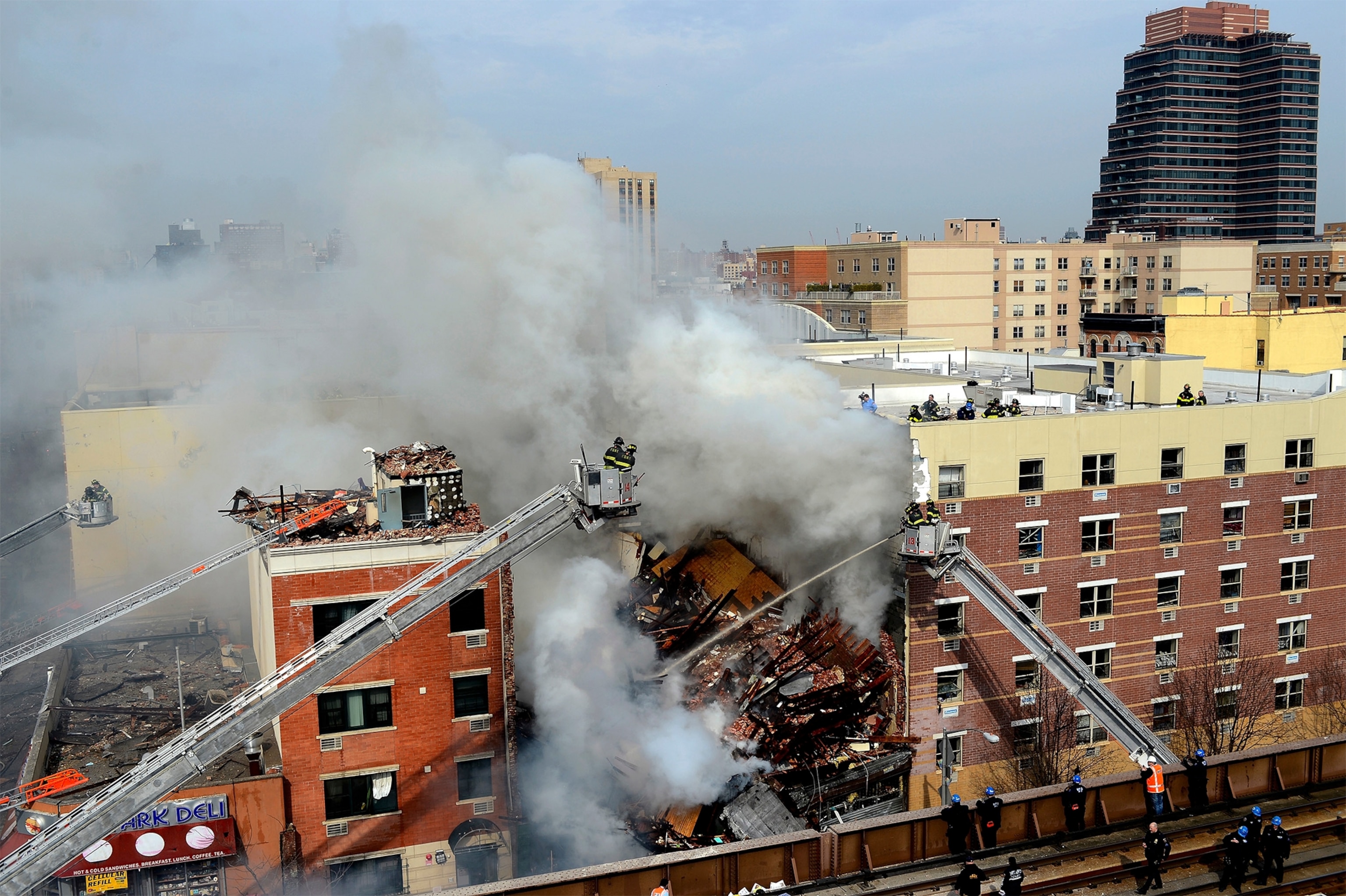 a building affected by the explosion in Harlem, New York.