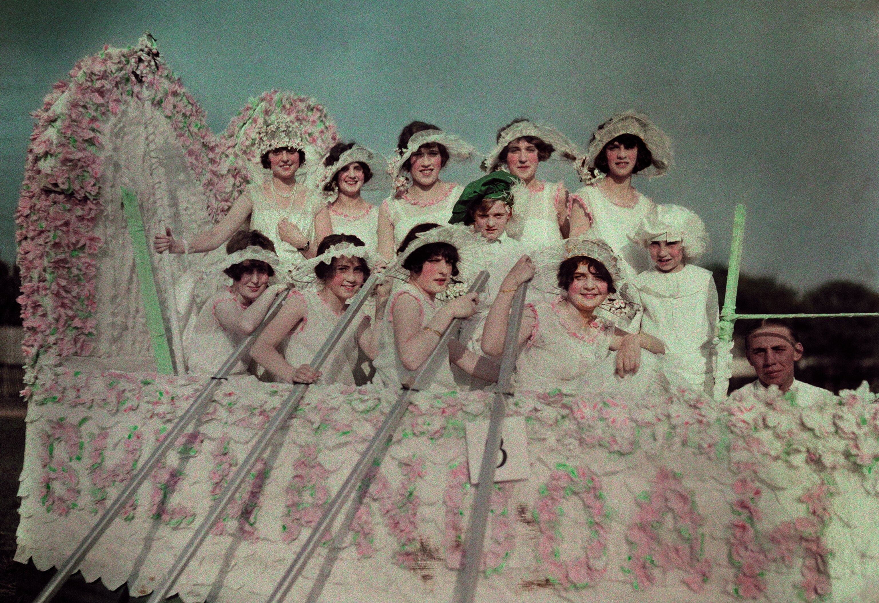 women riding on a float in the Shenandoah Apple Blossom Festival in this 1926 autochrome