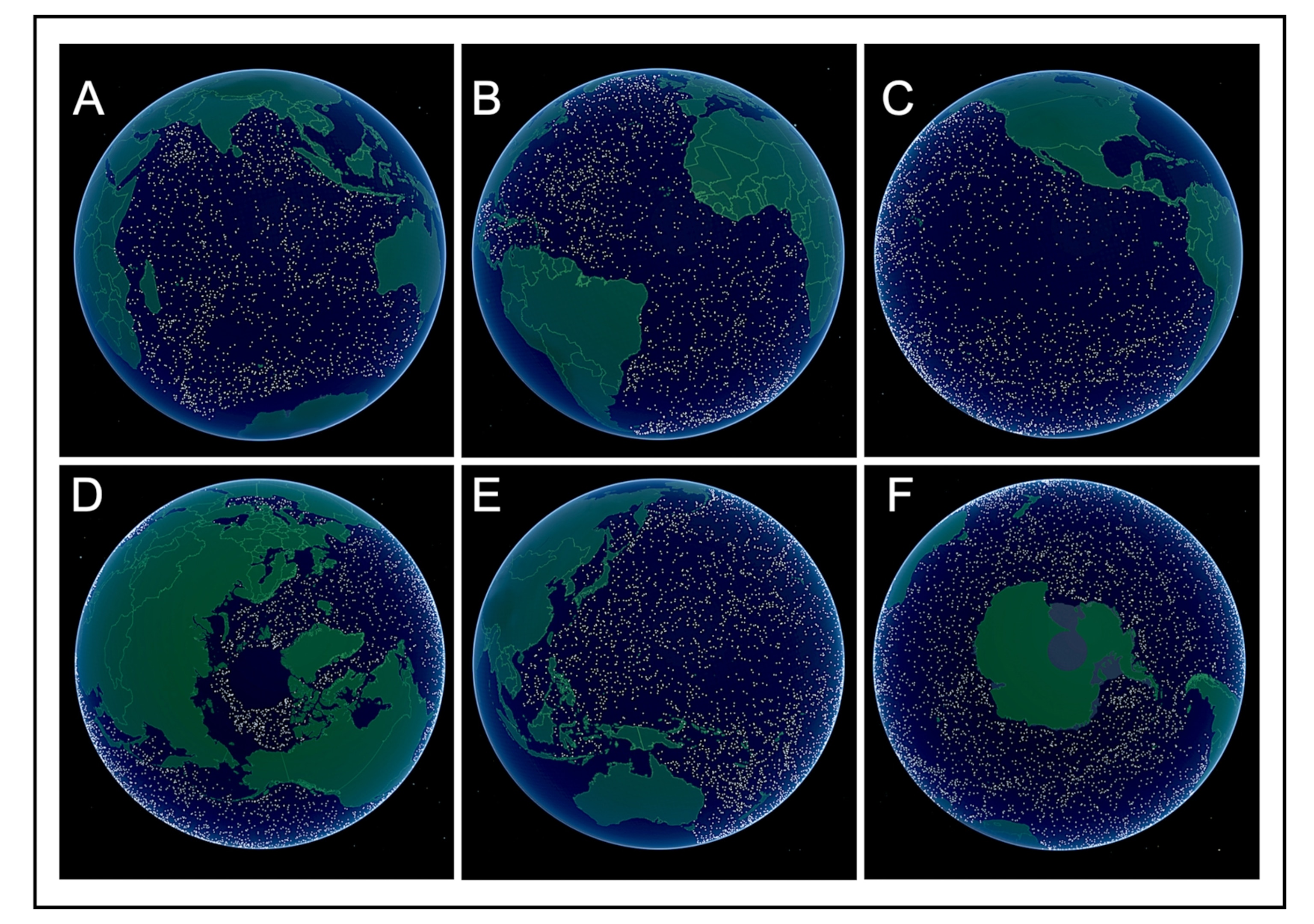 Six panels labeled A to F show Earth's views with dark blue oceans and green continents, each covered in numerous small yellow dots