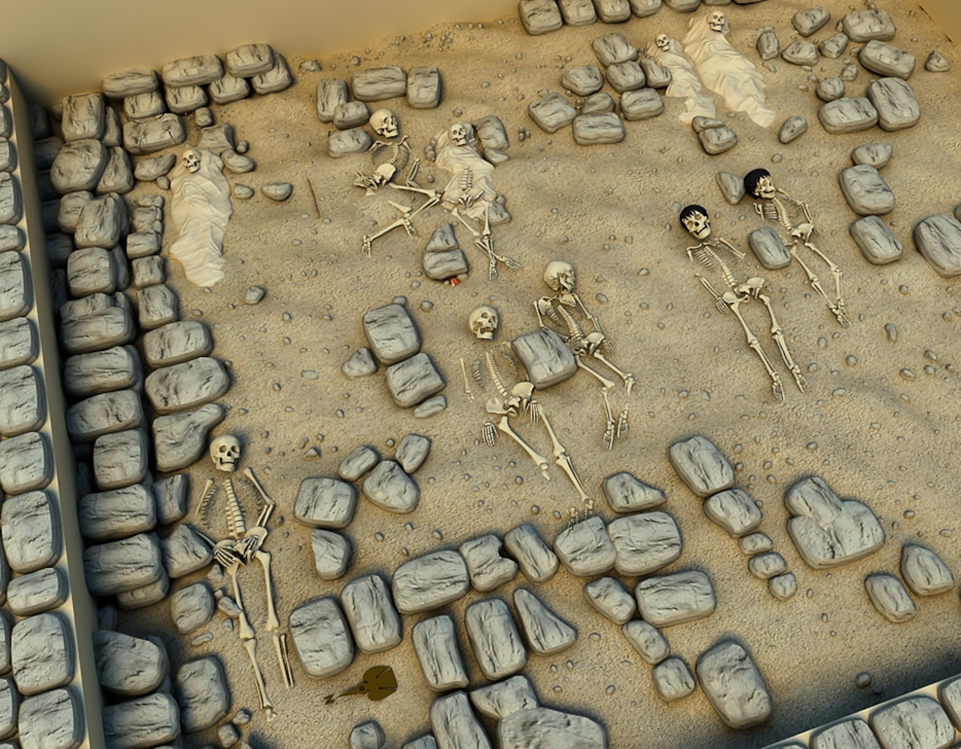 Female skeletons lie in a Peru tomb in a digital picture