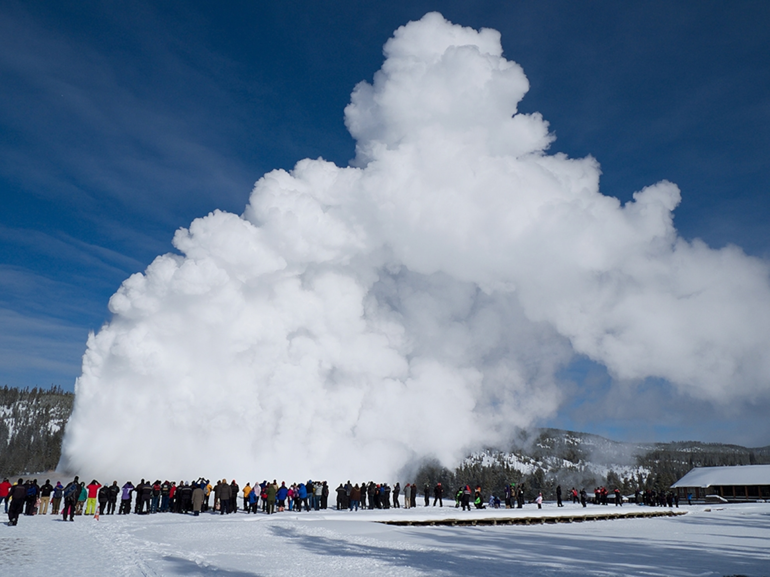 Yellowstone visitors watching Old Faithful erupt