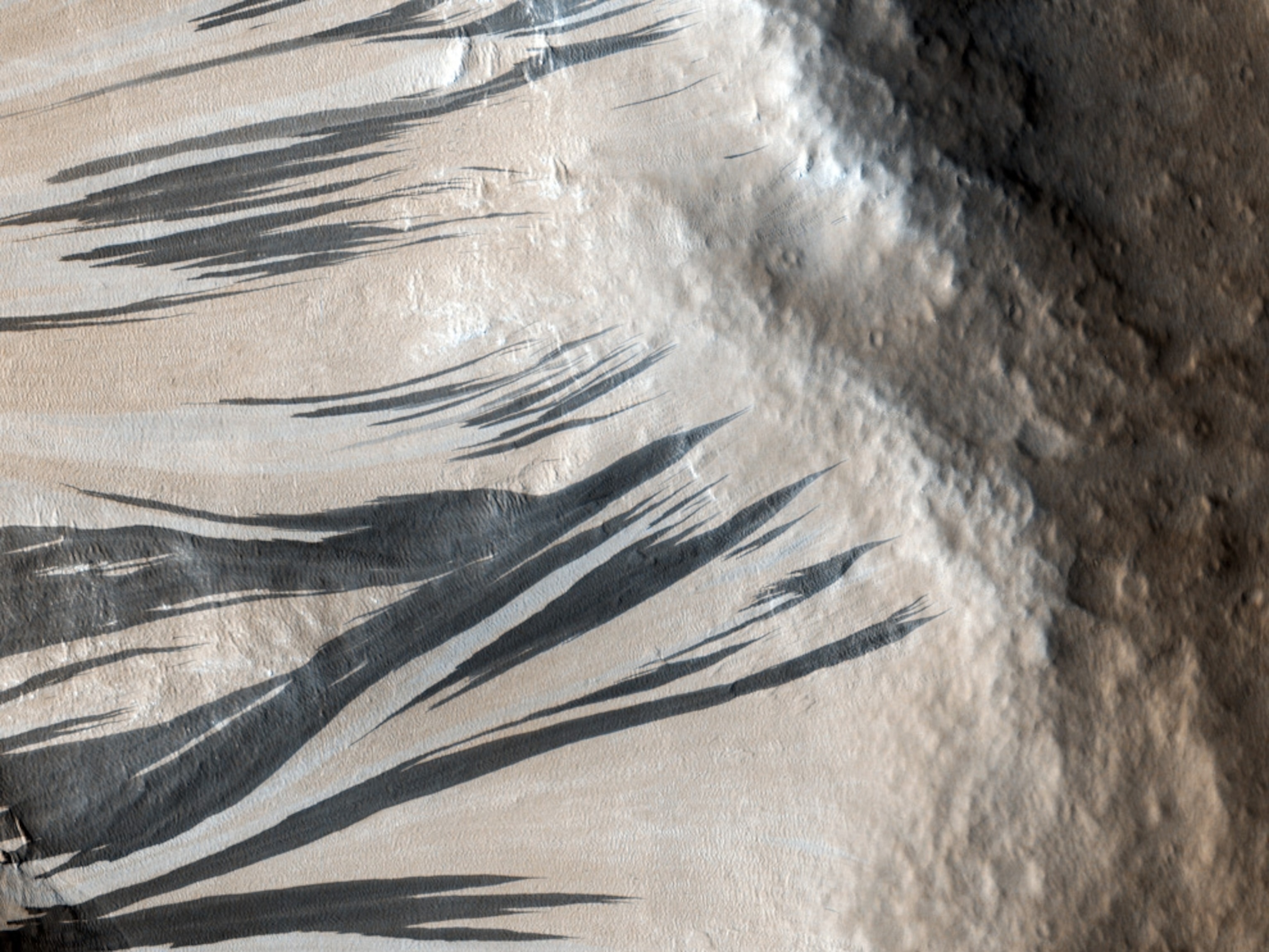 Dark streaks are visible in an aerial picture of the wall of a Martian trough.