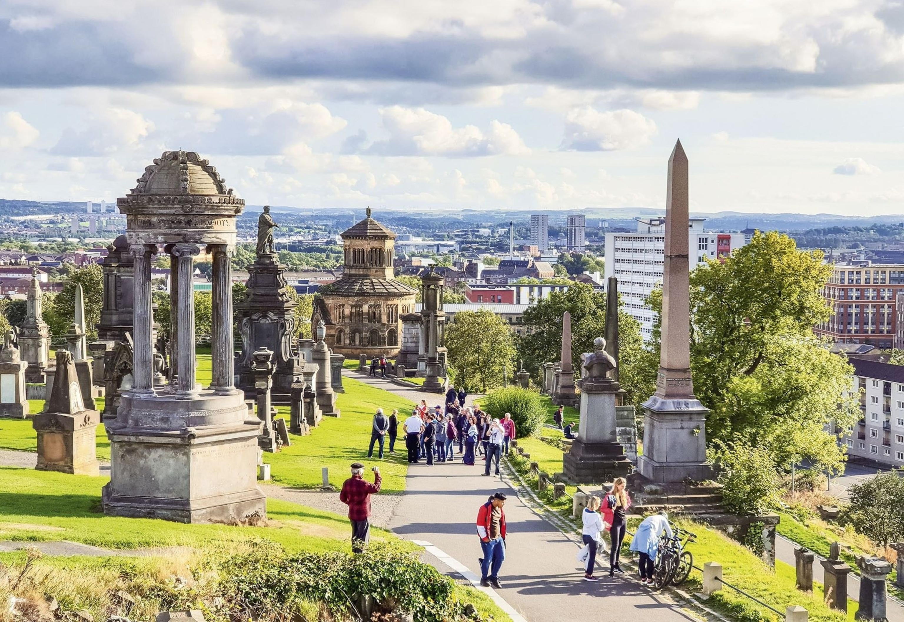 Glasgow Necropolis, a Victorian garden on prominent hill to the east of Glasgow Cathedral. A monument to John Knox, which was erected in 1825, dominates the hill.