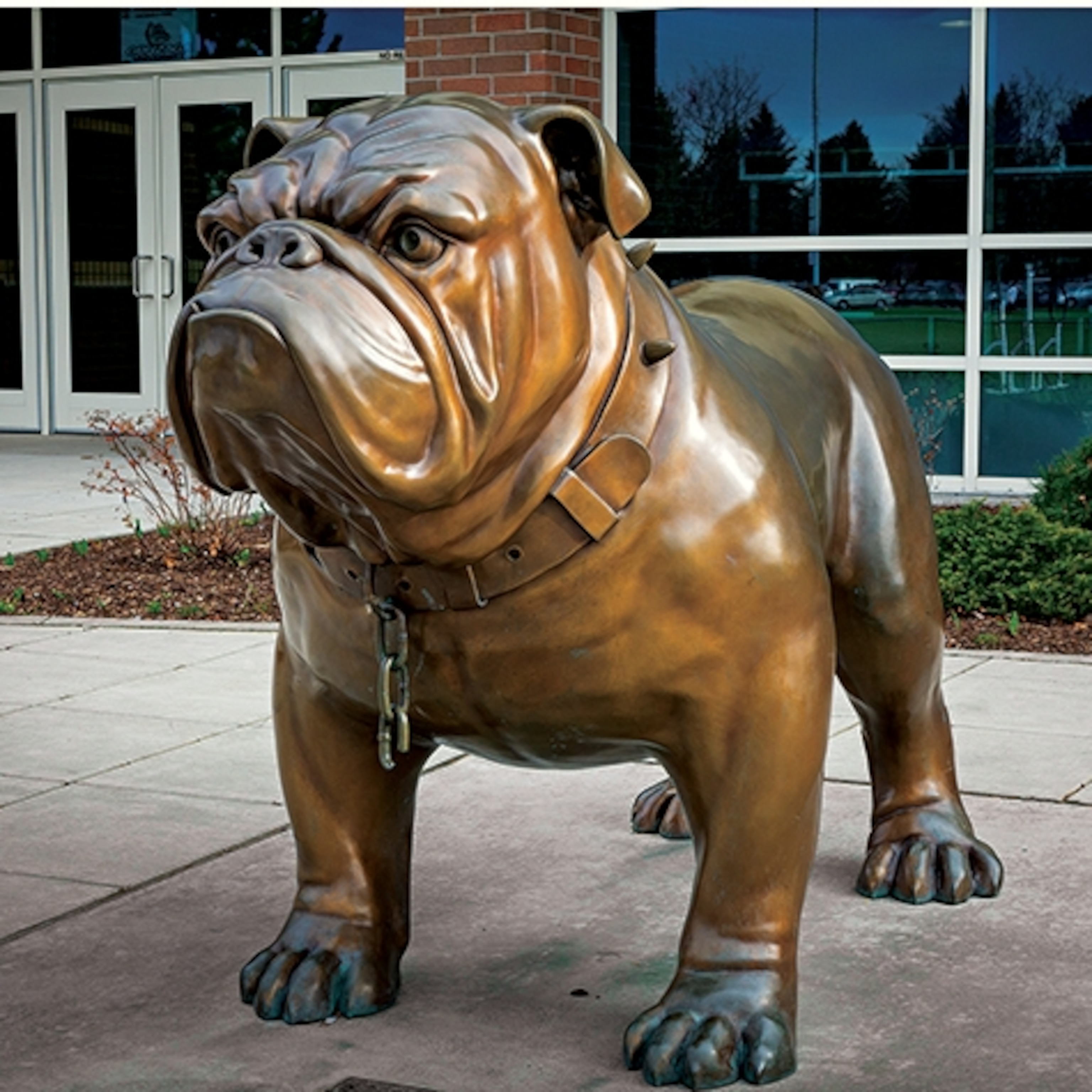 A bronze statue of "Zag" the bulldog, Gonzaga University's team mascot, welcomes visitors to the McCarthey Athletic Center, in Spokane, Washington. (Photograph by Inge Johnsson Photography)