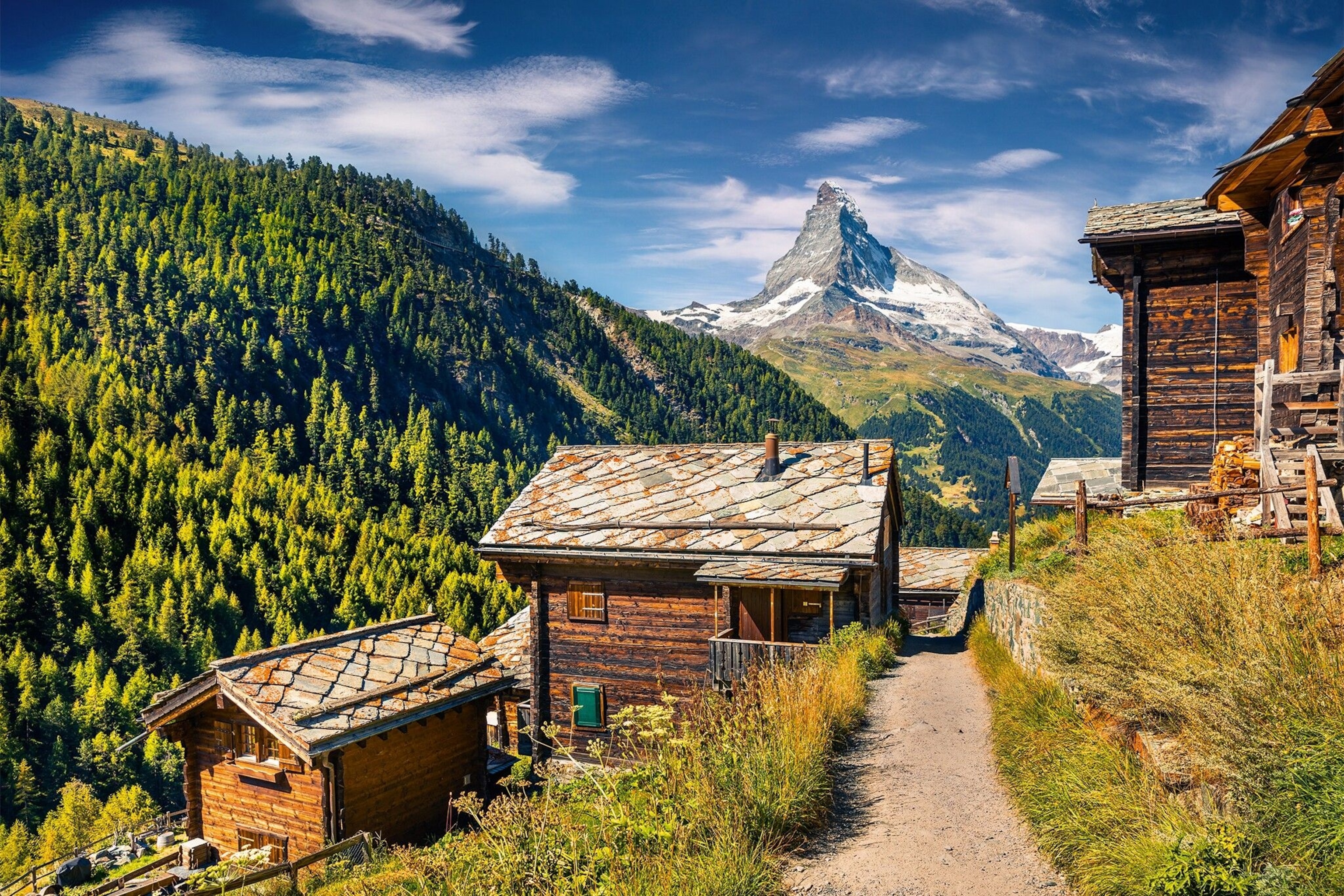 The village of Zermatt with the Matterhorn in the distance.