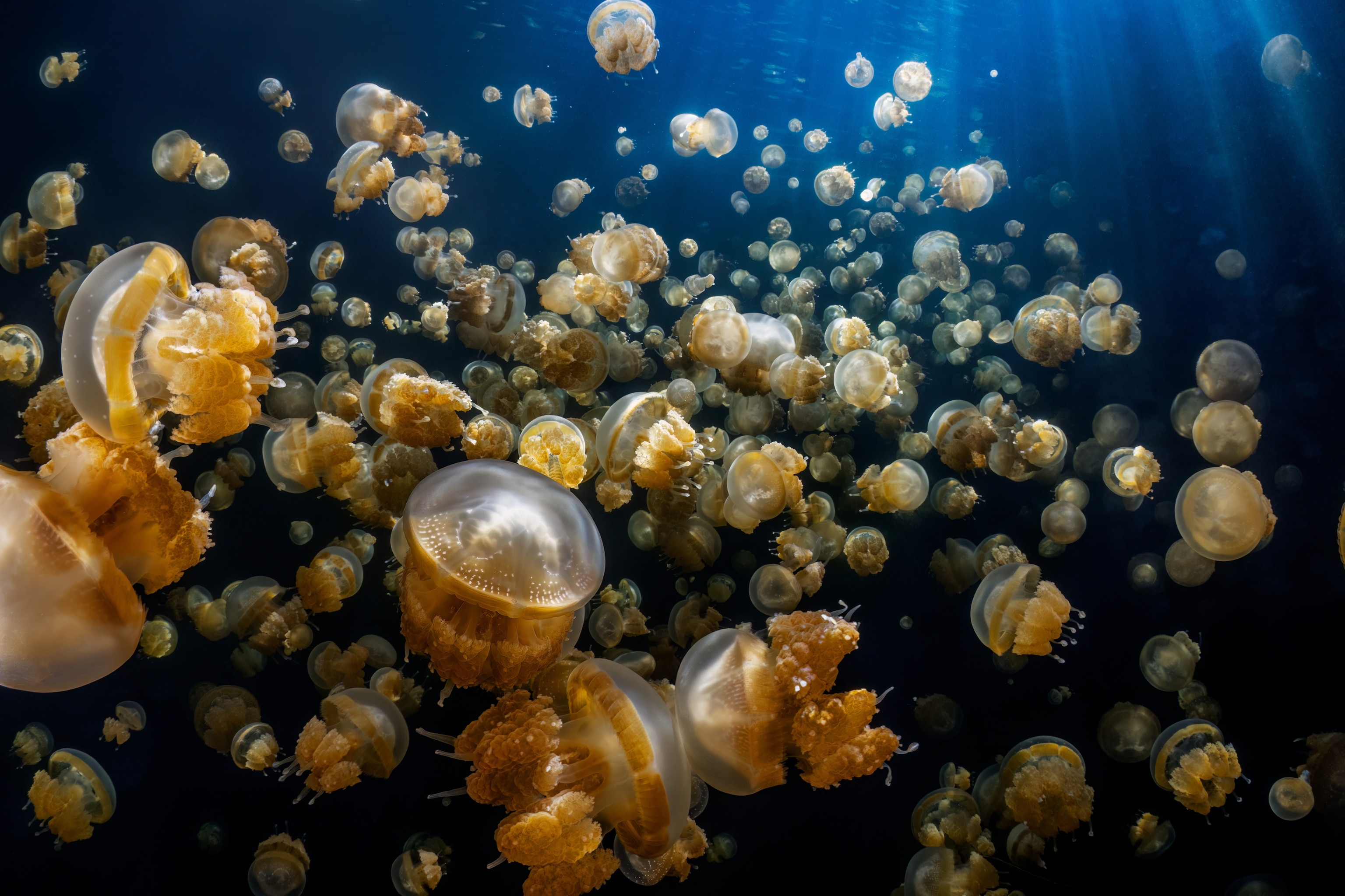 Non-stinging spotted jellyfish, also called golden medusa, drift together in a marine lake in Raja Ampat, likely having lost their stinging cells over generations.