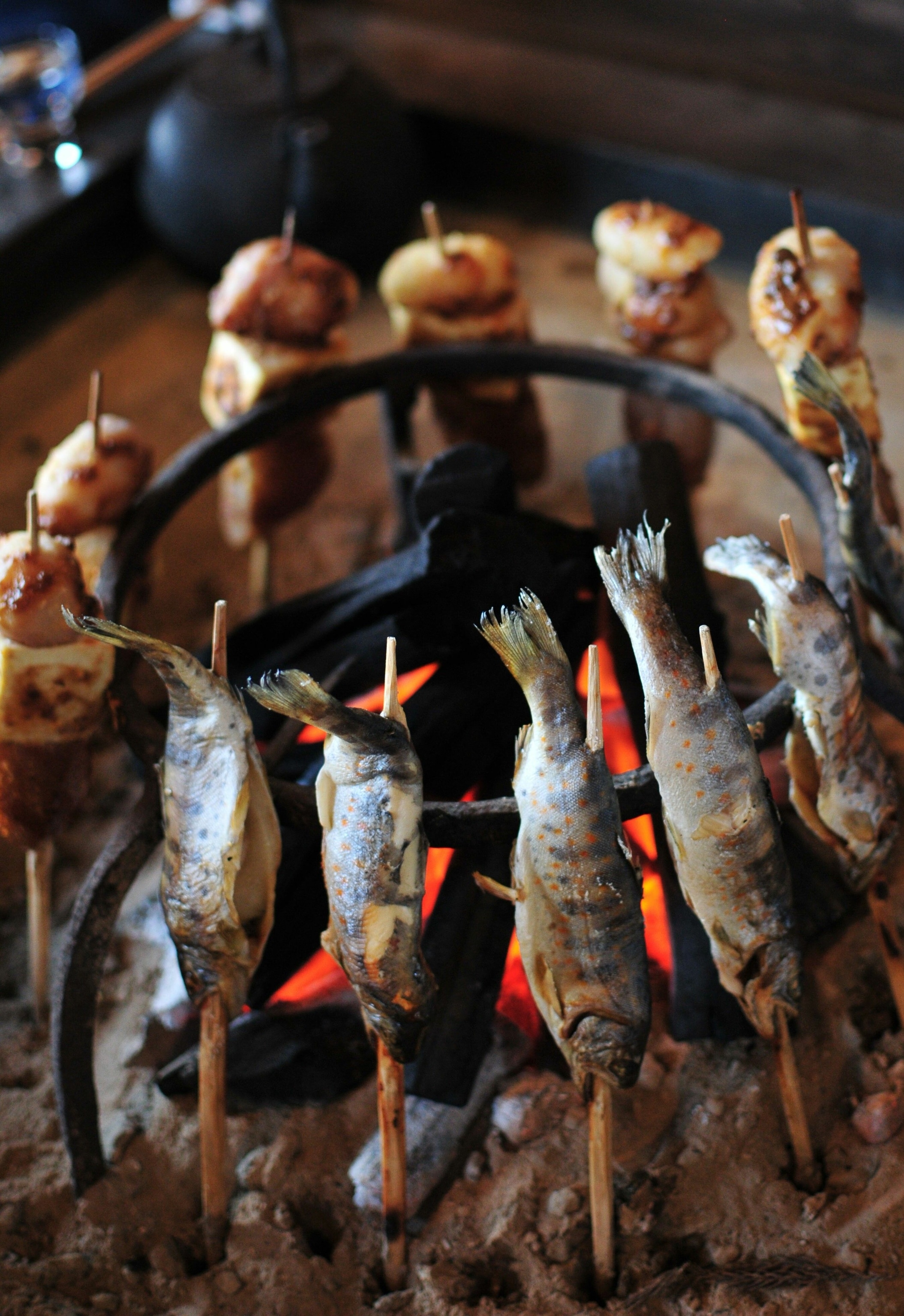 Fish skewered and placed in a ring around an open fire.