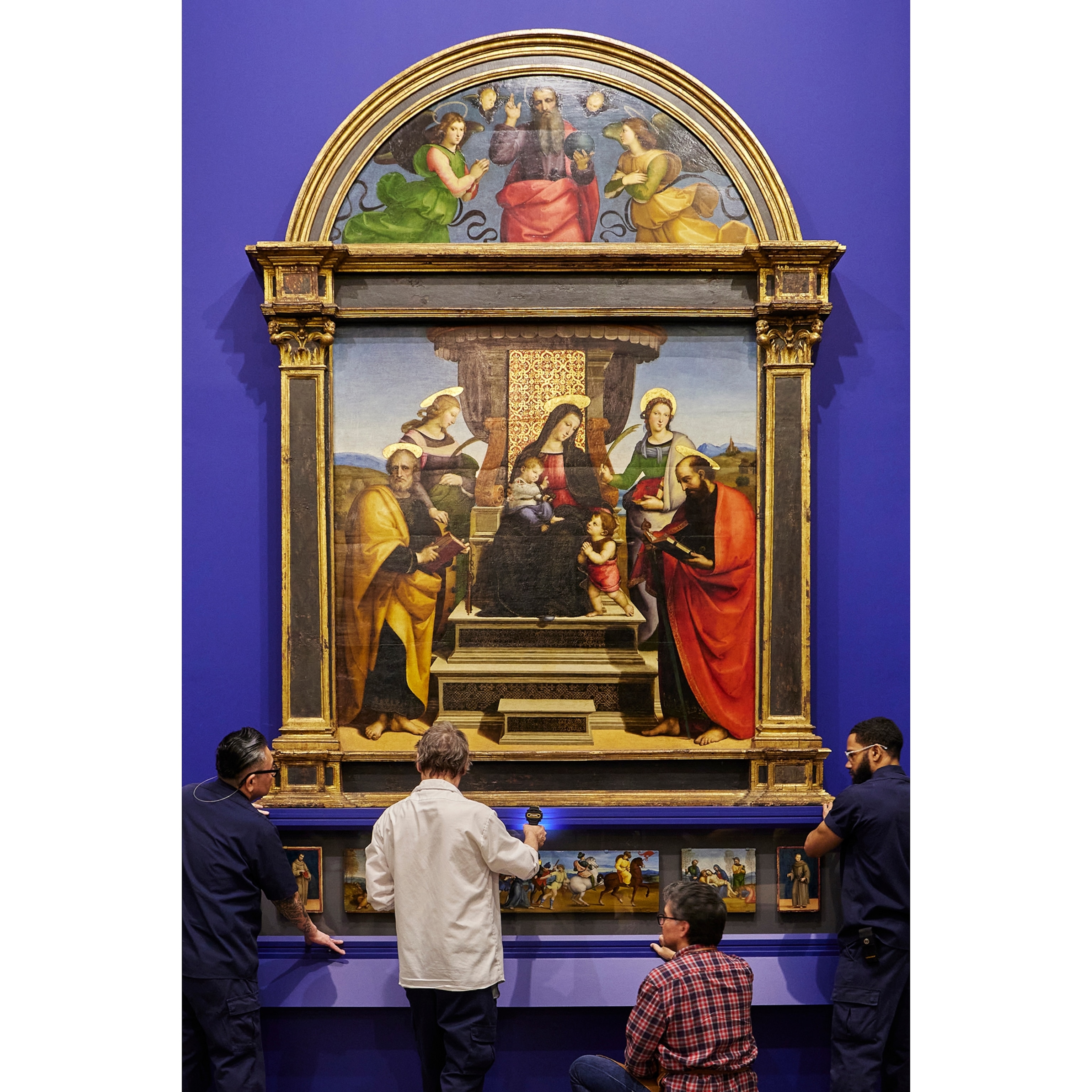 Chi-Wei Hue, Tom Zimmerman, Alan Miller, Anthony Nieves (from left to right) in front of the Colonna Altarpiece at The Metropolitan Museum of Art on March 5, 2026.