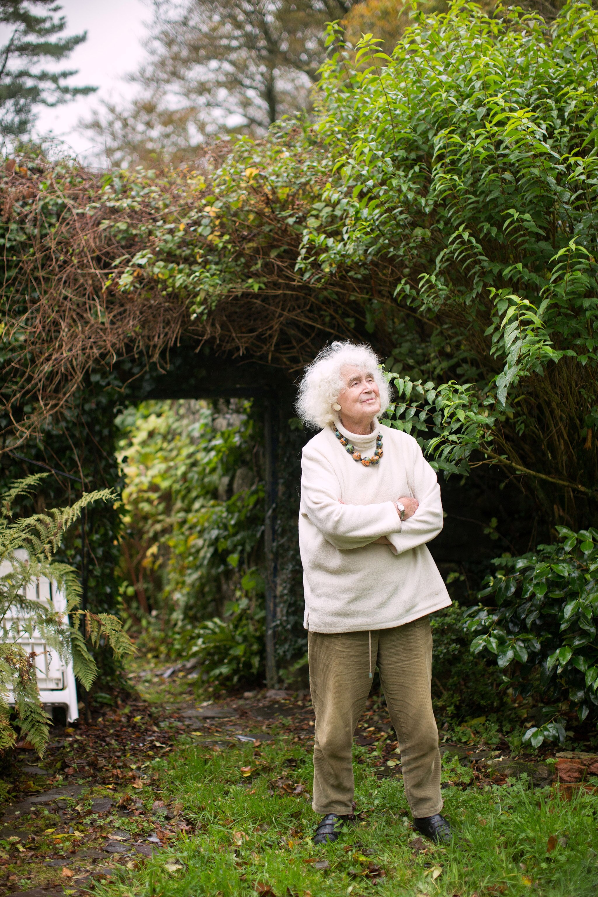 historian and writer Jan Morris standing outside for a portrait