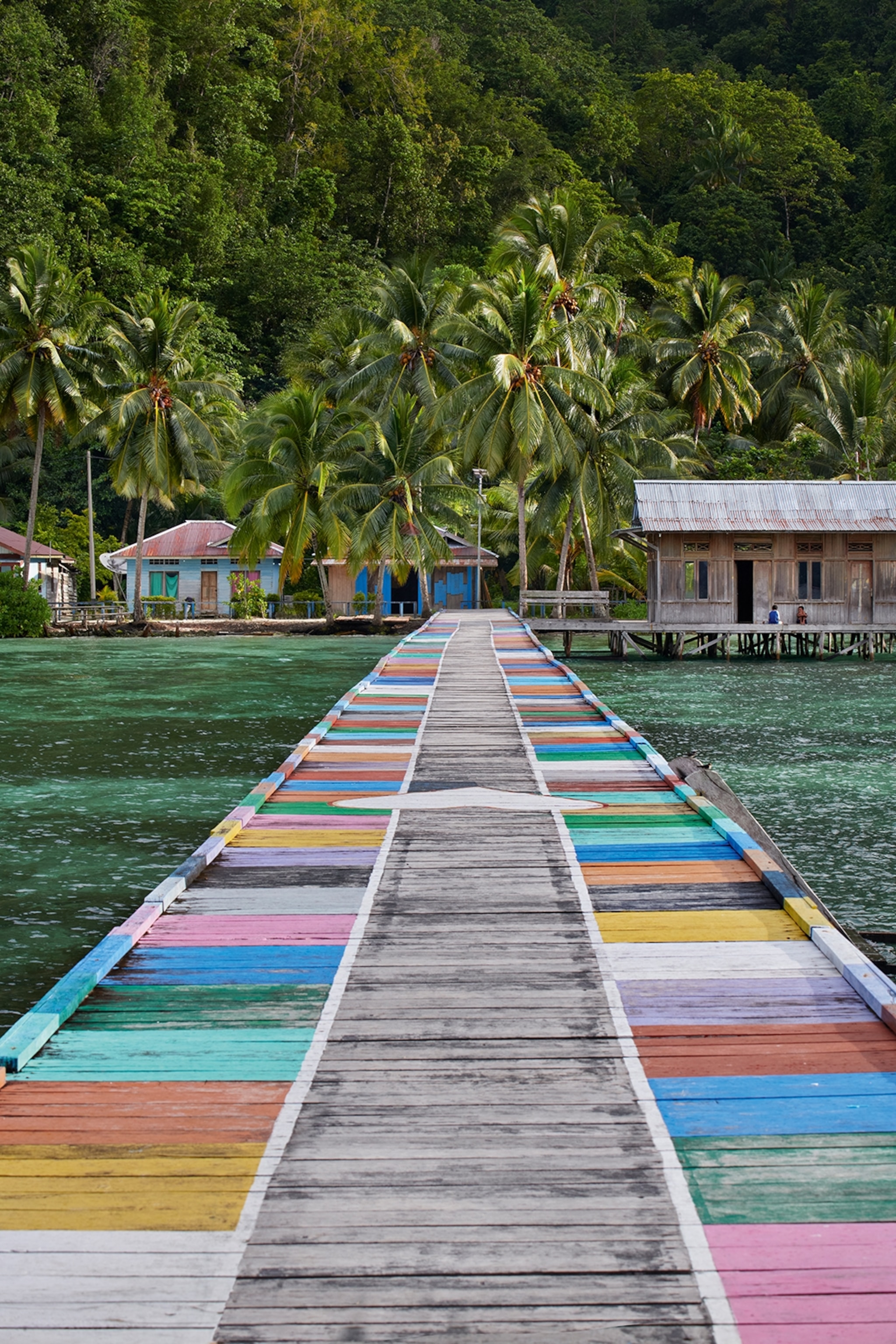 A striped wooden boardwalk leading up to the shore, past a simple stilted house, with rolling jungle hills in the background.