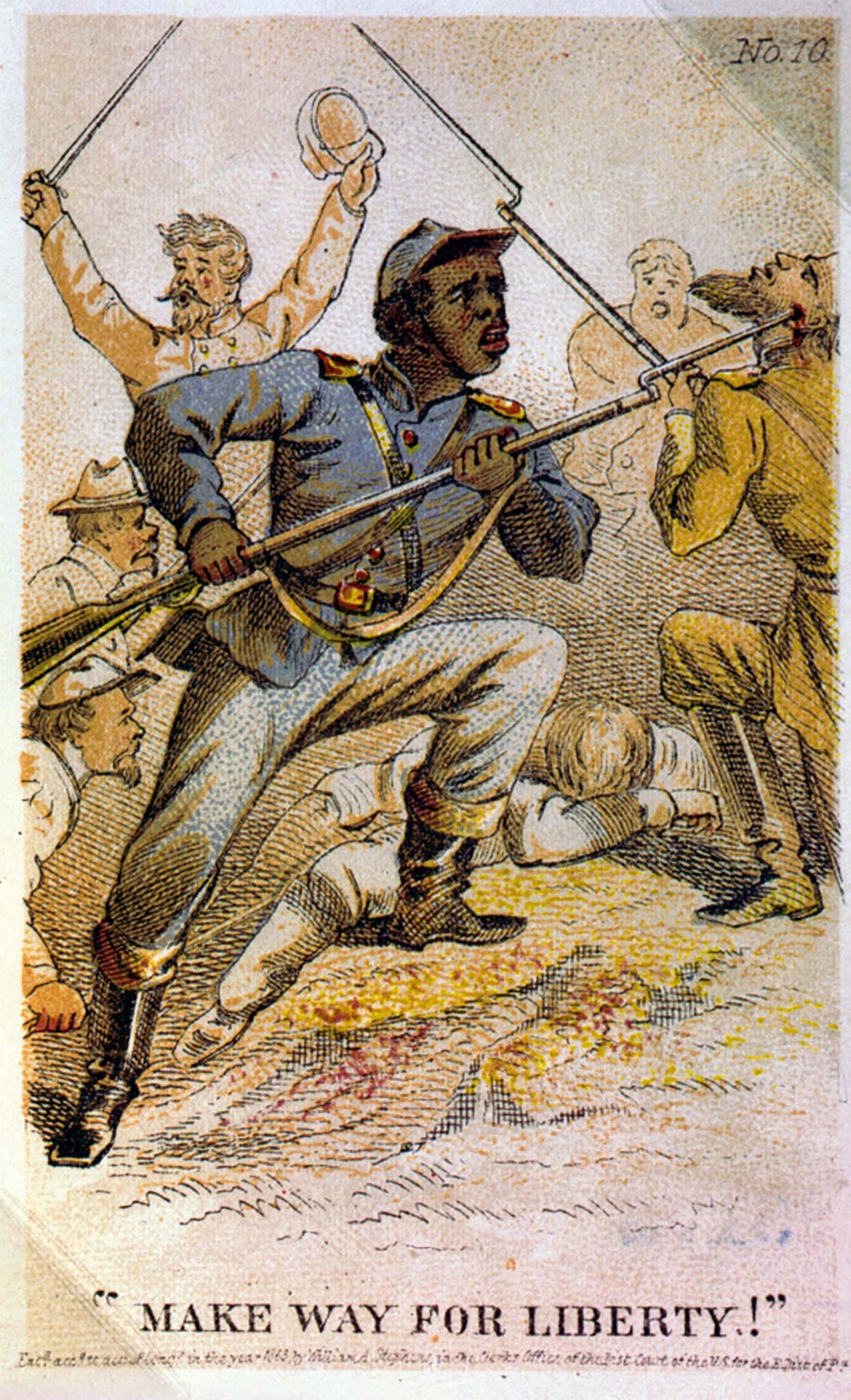 This 1863 card, designed by Henry Louis Stephens, was part of a campaign to recruit Black soldiers into the Union army.