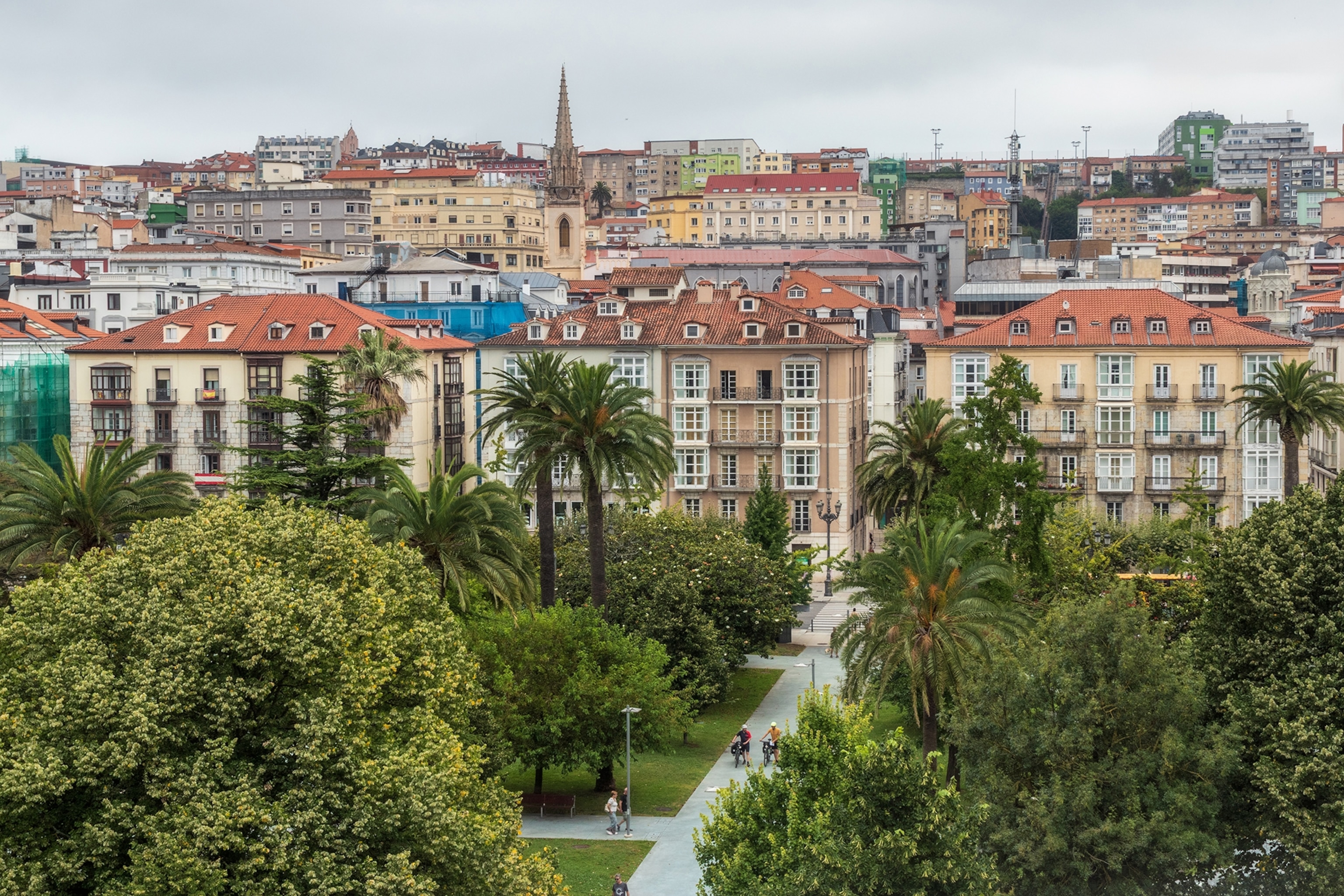 A city park with palm trees and walking paths sits in the foreground, with rows of historic buildings and a densely packed urban skyline rising in the background.