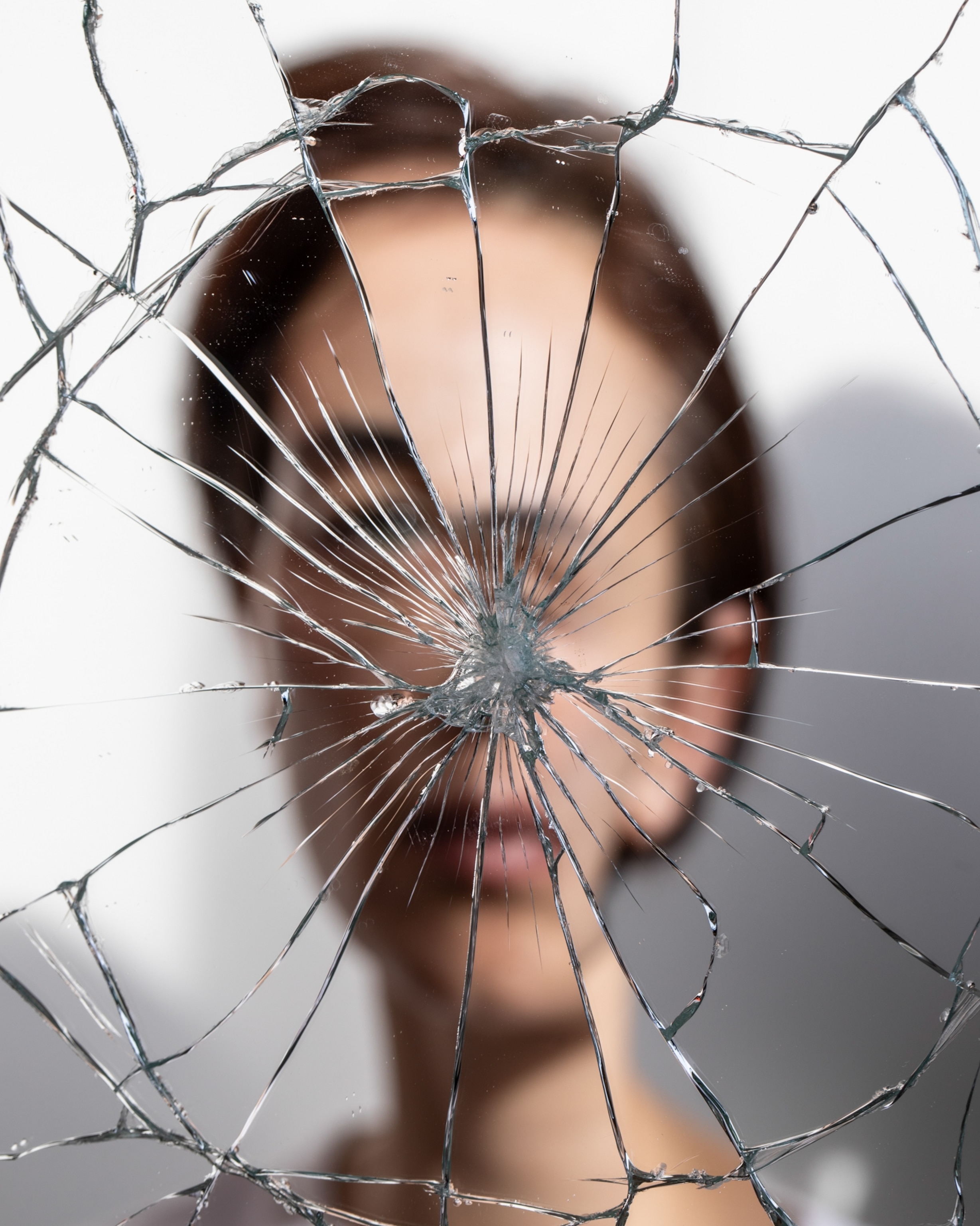 A woman's face reflected in a shattered mirror