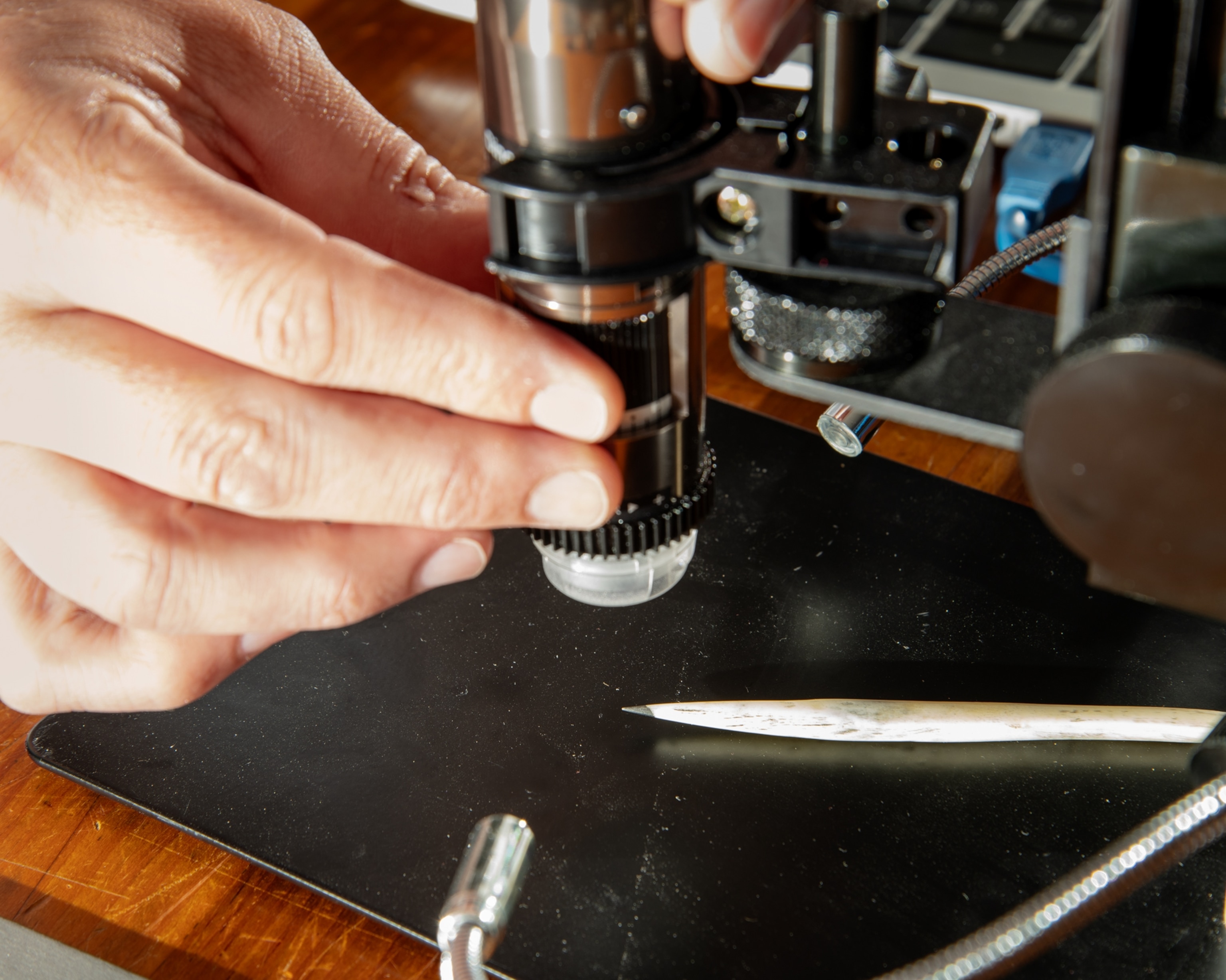 Hand adjusting microscope over bone on the black plate.