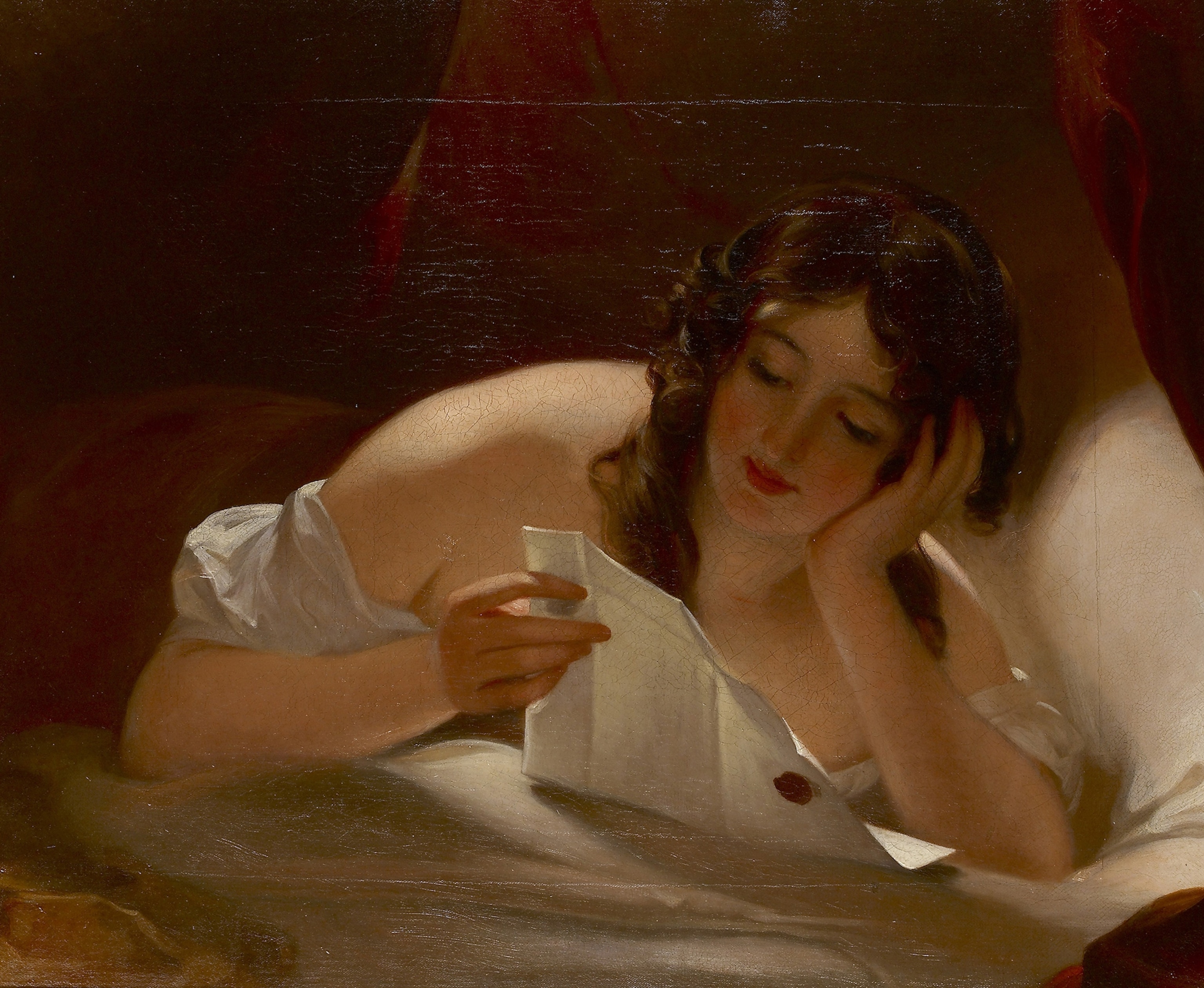 This painting depicts a woman lying on a bed reading a letter.