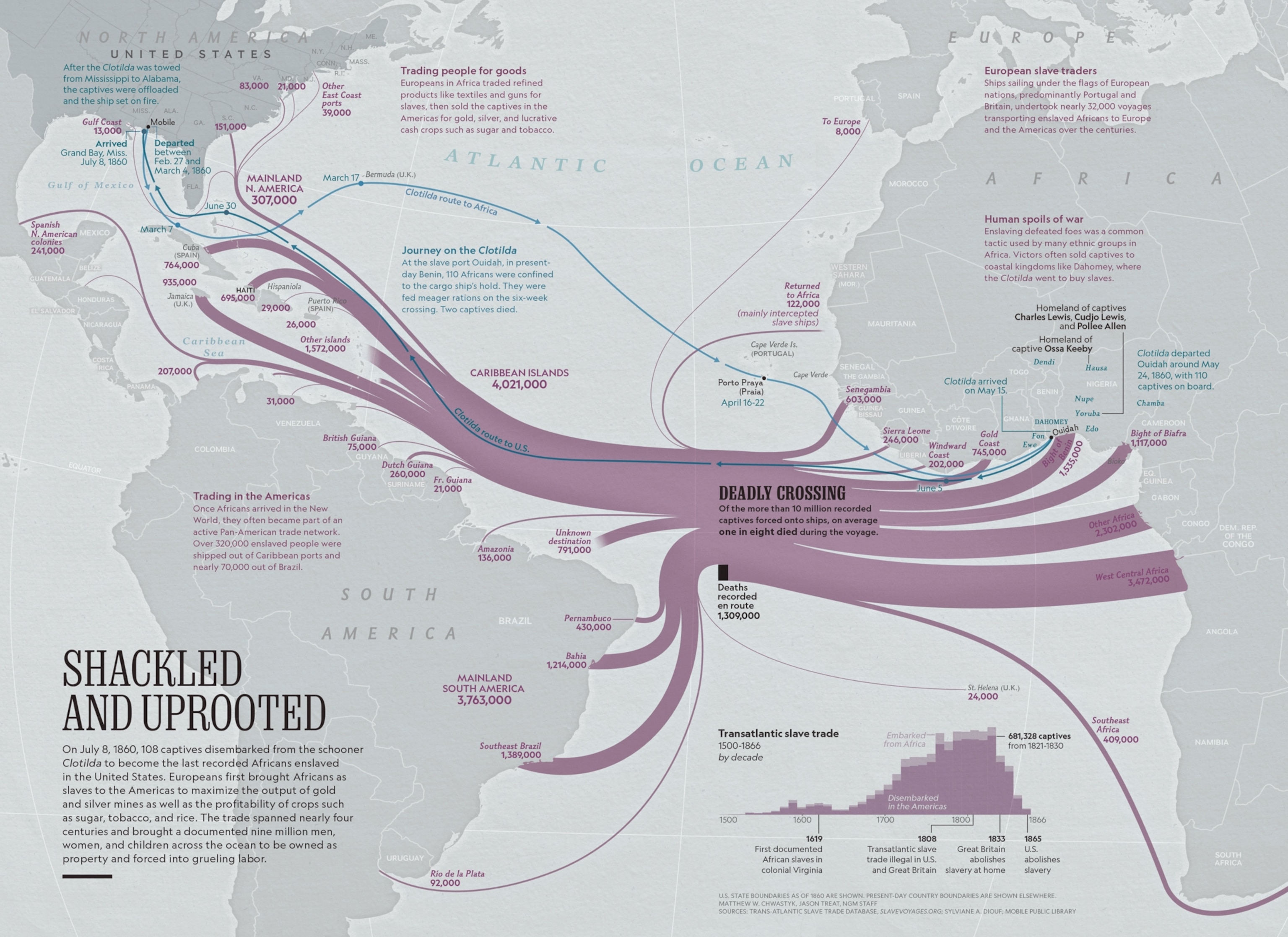A map shows ship paths of the international slave trade