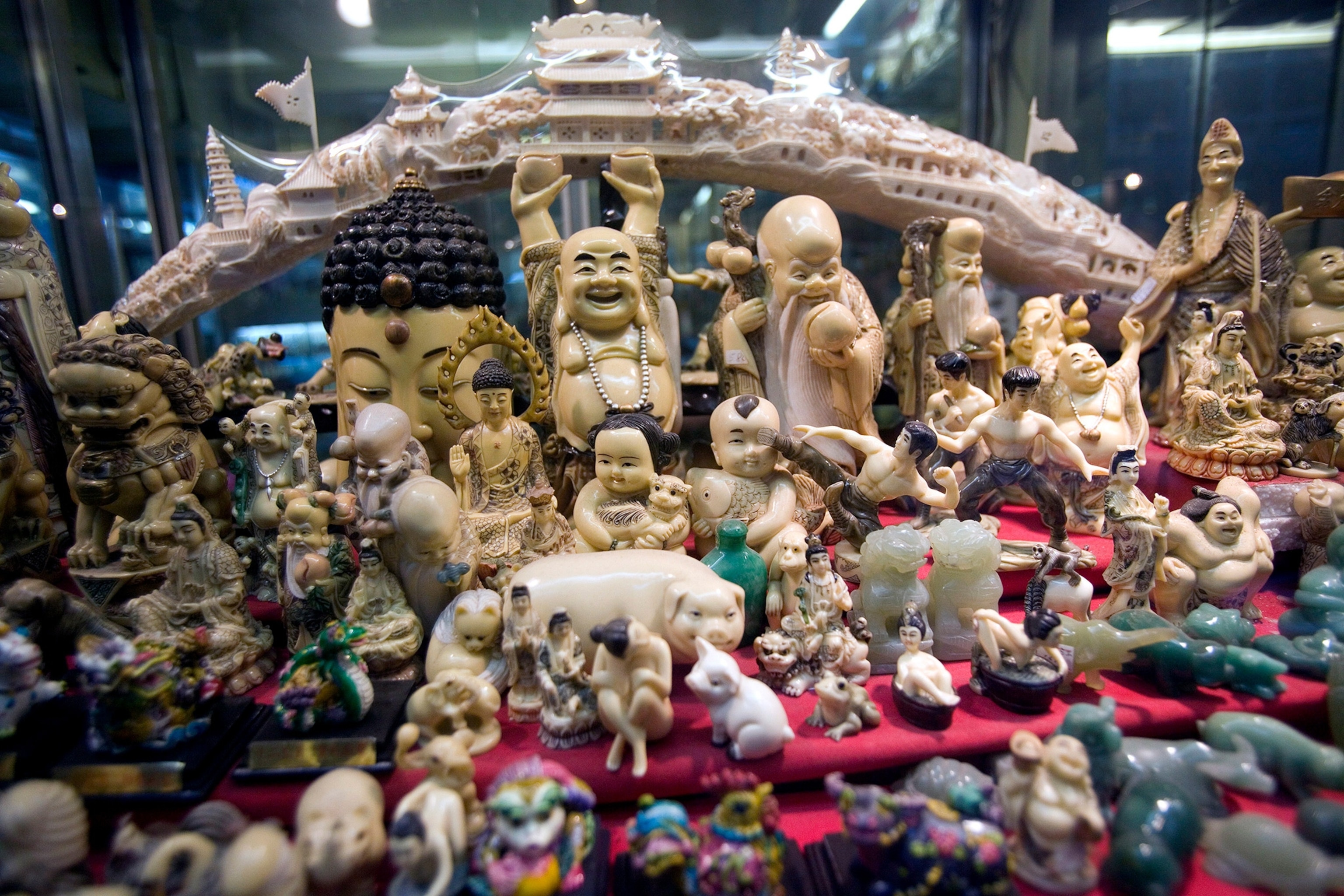 ivory carvings in Hong Kong shop window