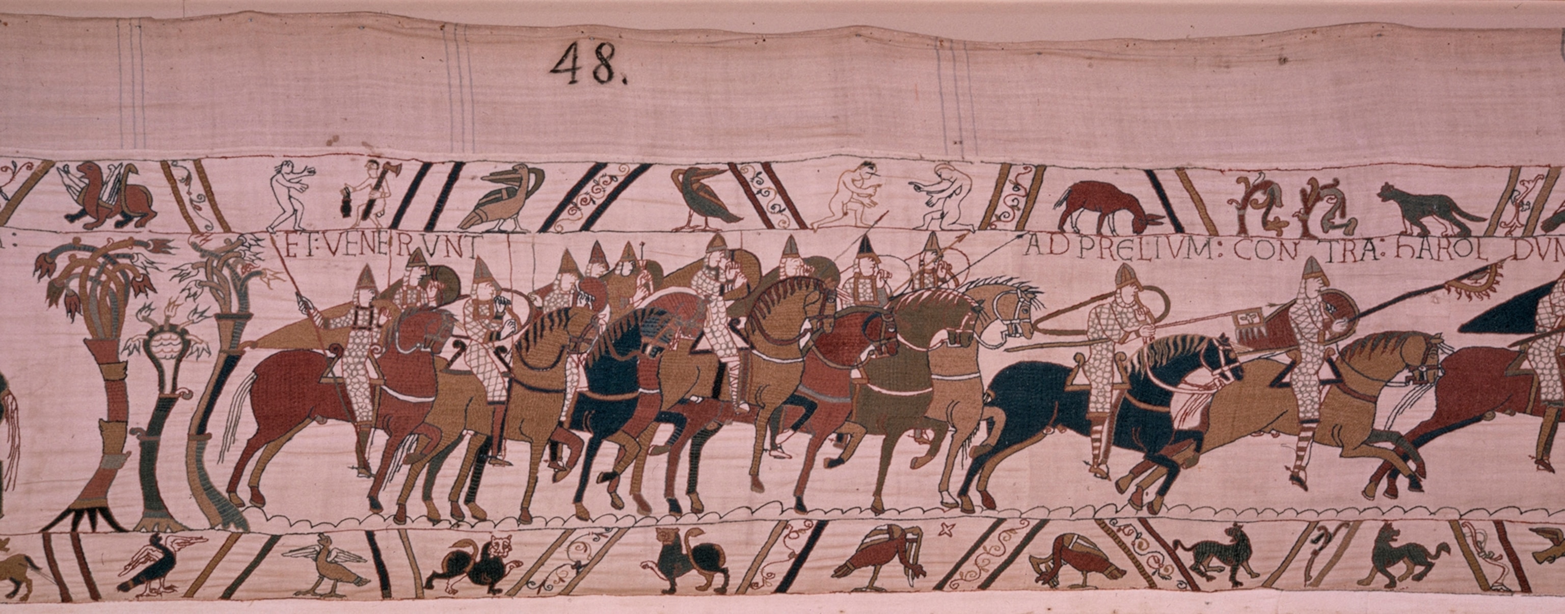A scene from the tapestry in which William's army moves on to battle.