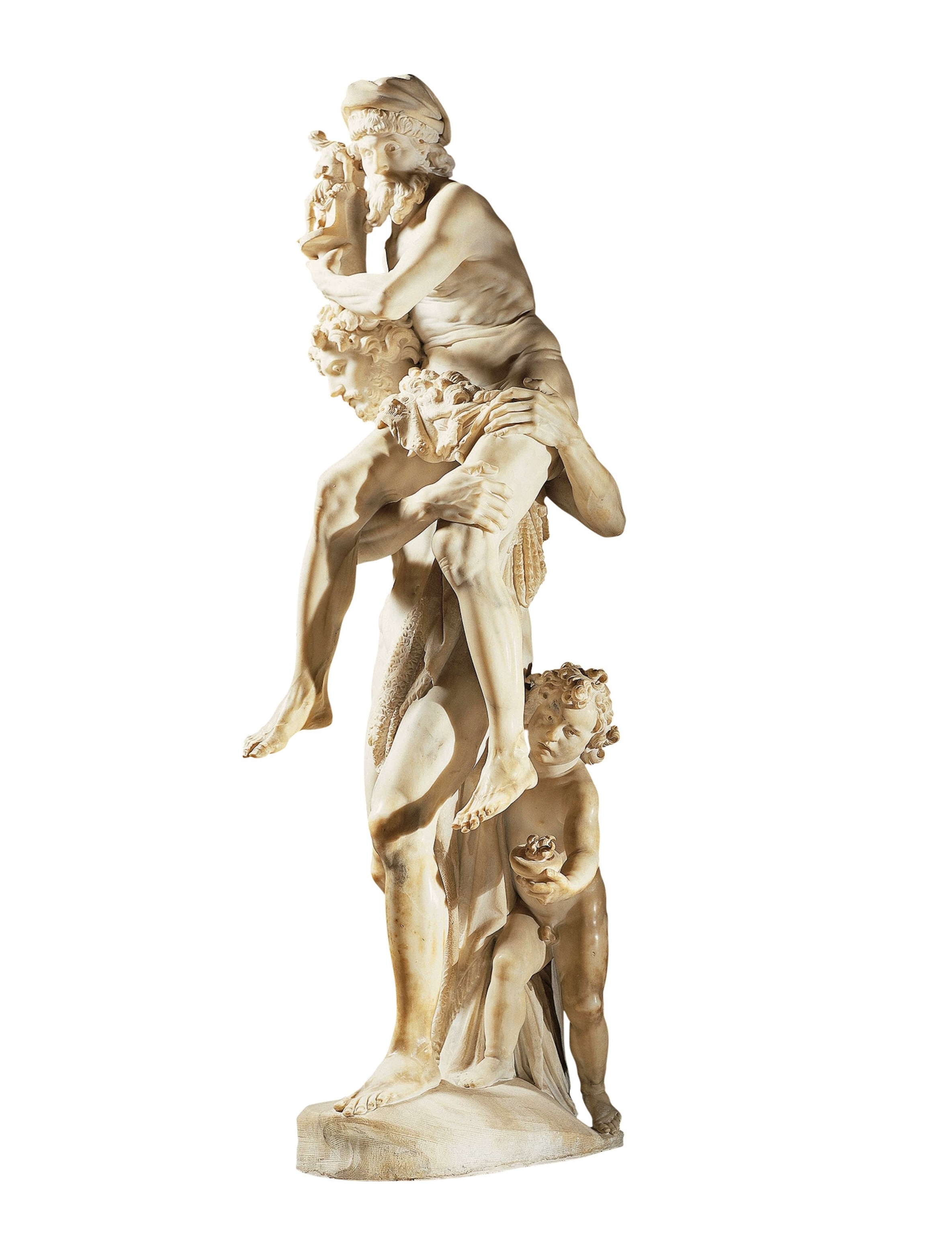 Aeneas flees Troy with his father on his back, followed by his son, Ascanius, in G.L. Bernini’s 1619 sculpture.