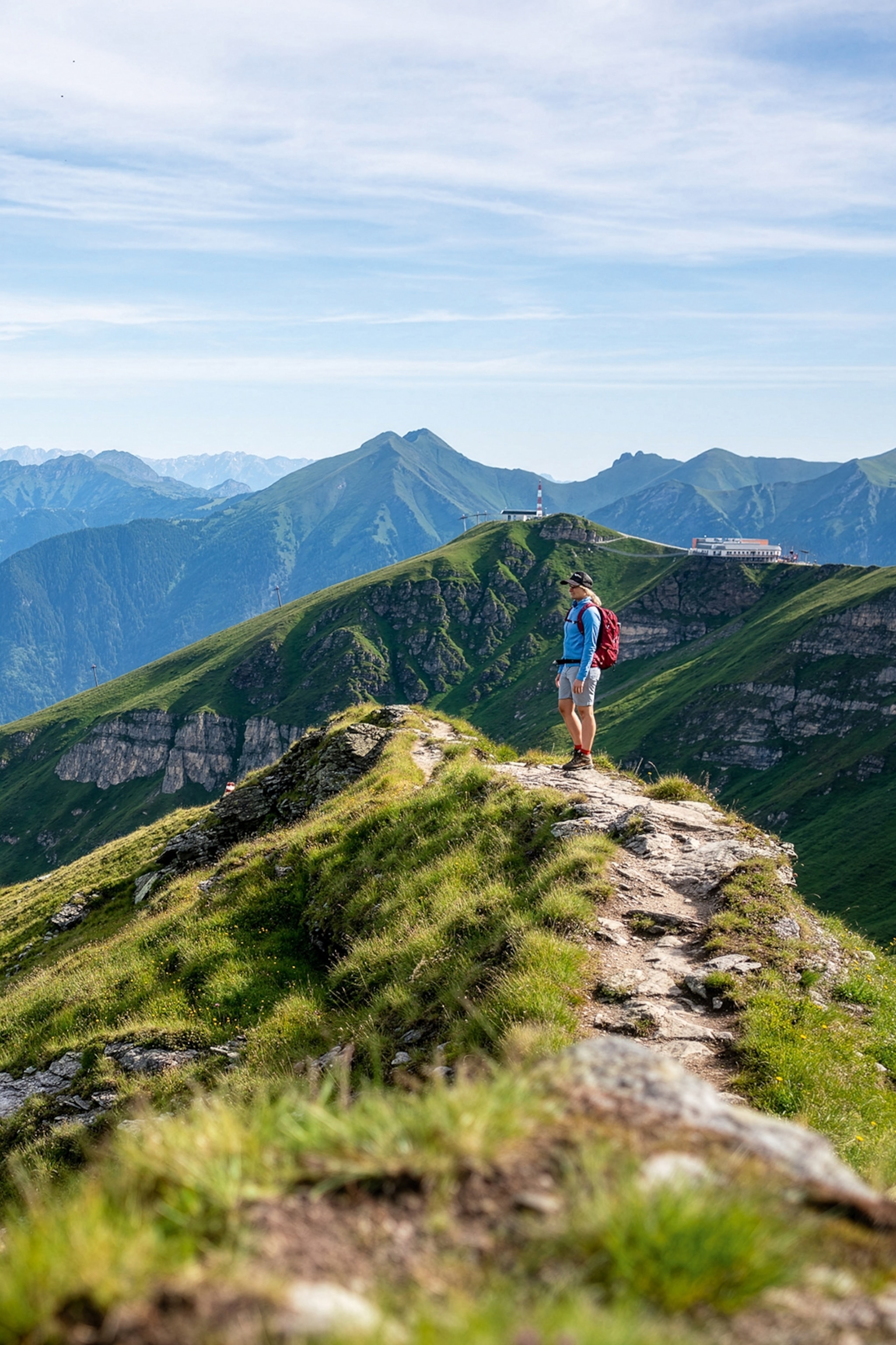 A young, female hiker pausing on a mountain path running along a high plateau with more mountains in the distance.