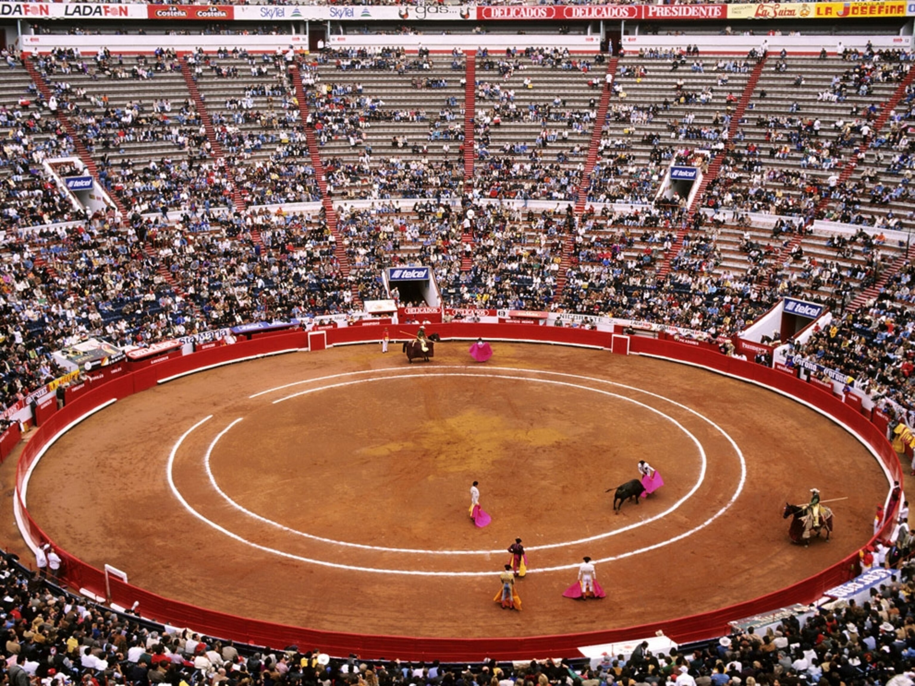 Bullfighters and animals in a crowded arena