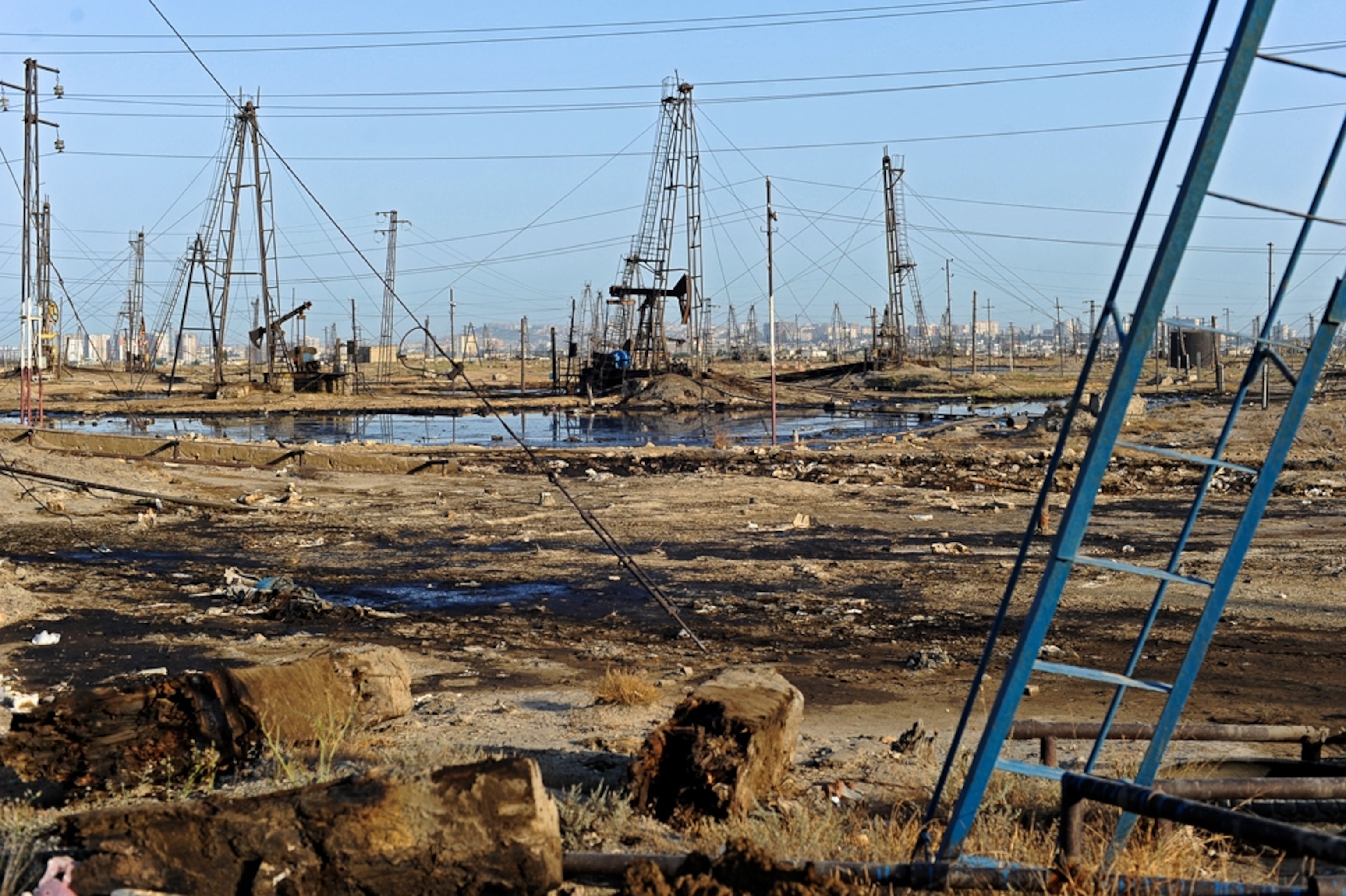 An oil lake at the Balakhany oil fields near Baku, Azerbaijan