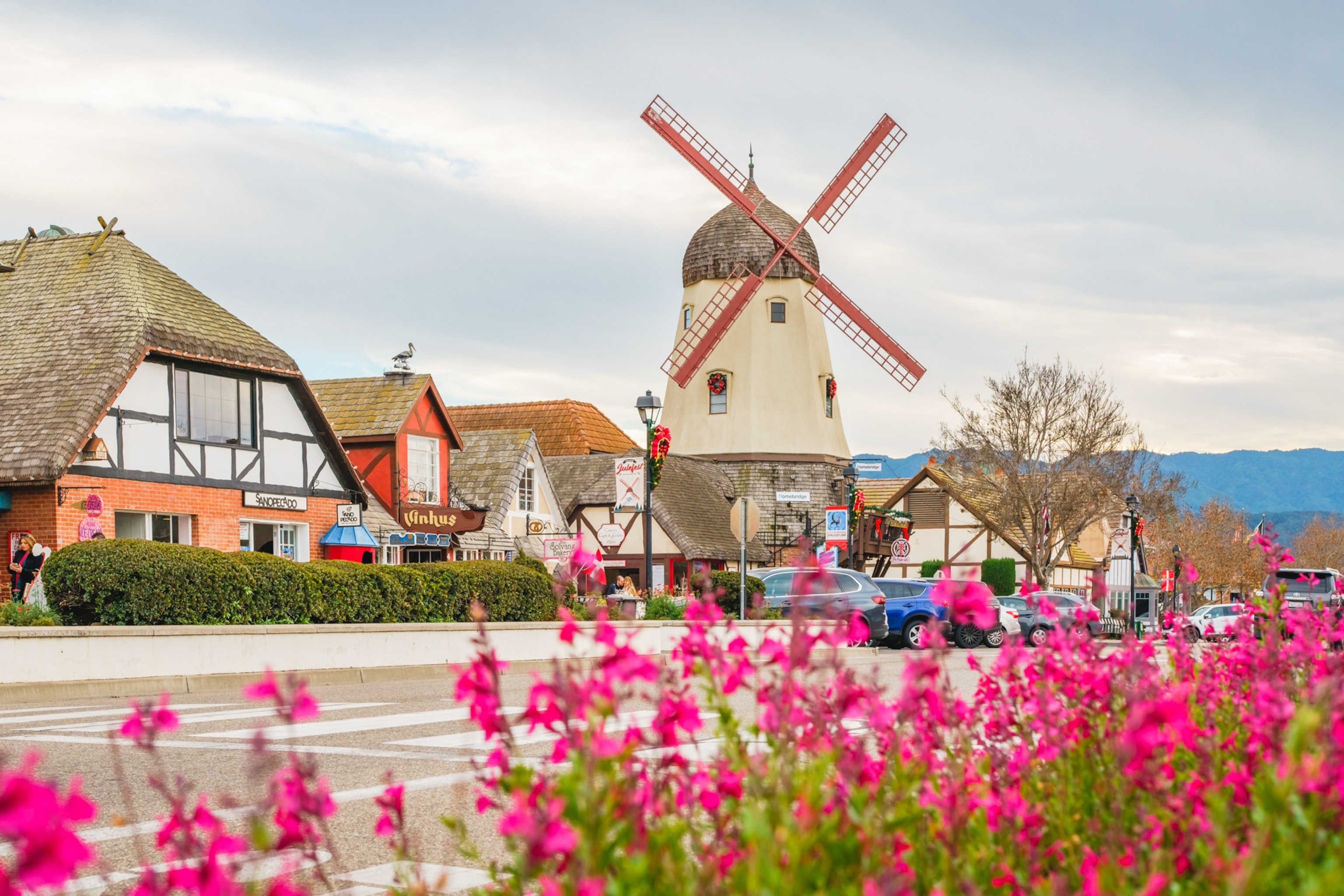 A picturesque street in Solvang, California, features half-timbered buildings and a windmill. Vibrant pink flowers line the foreground under a cloudy sky.