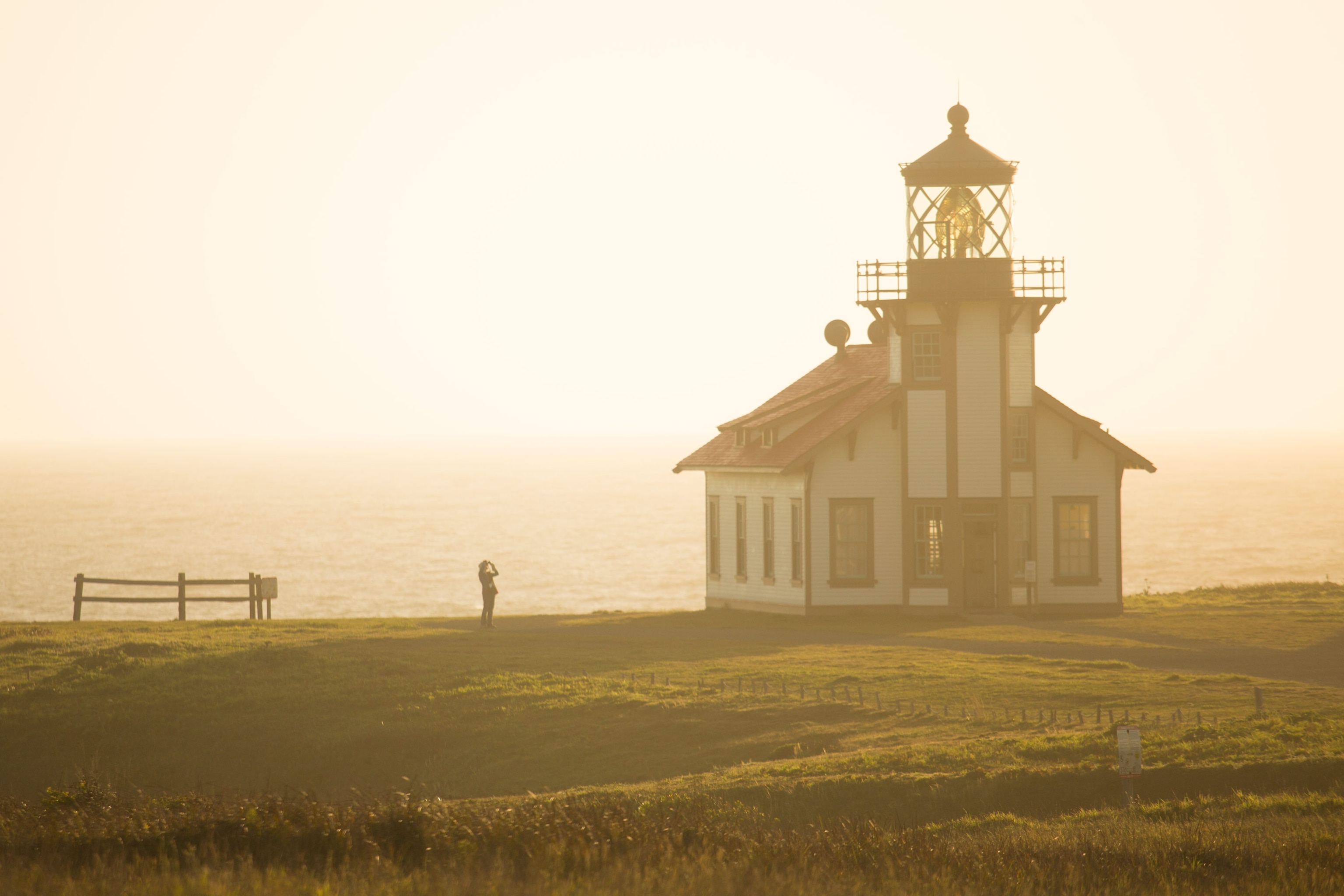 sunlight on Cabrillo lighthouse, Mendocino County, California.