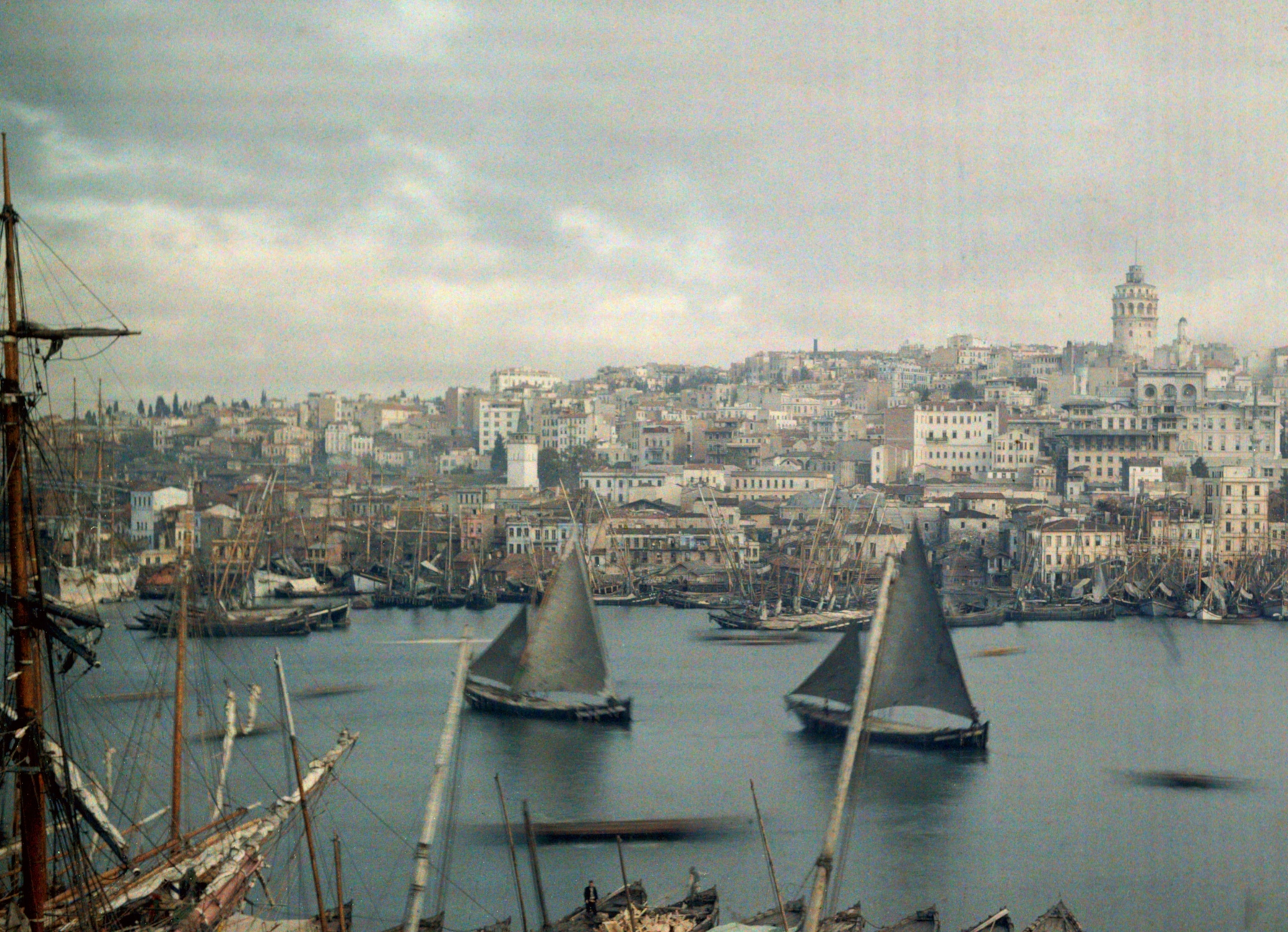 Constantinople. An autochrome photograph of The Golden Horn at Galatea.