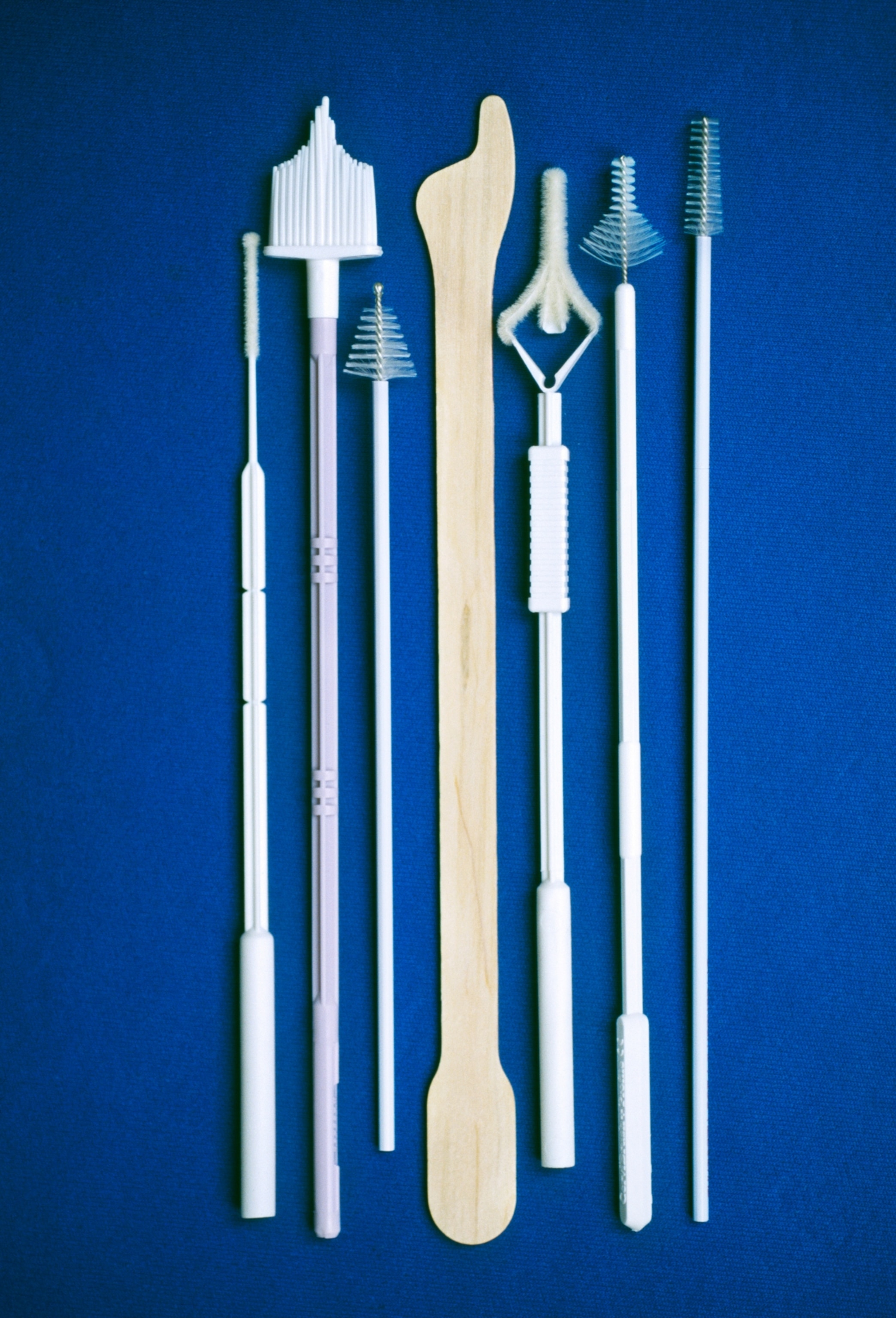 Various pap smear spatulas, one made of wood, others with different brush and bristle ends for collecting cytology samples