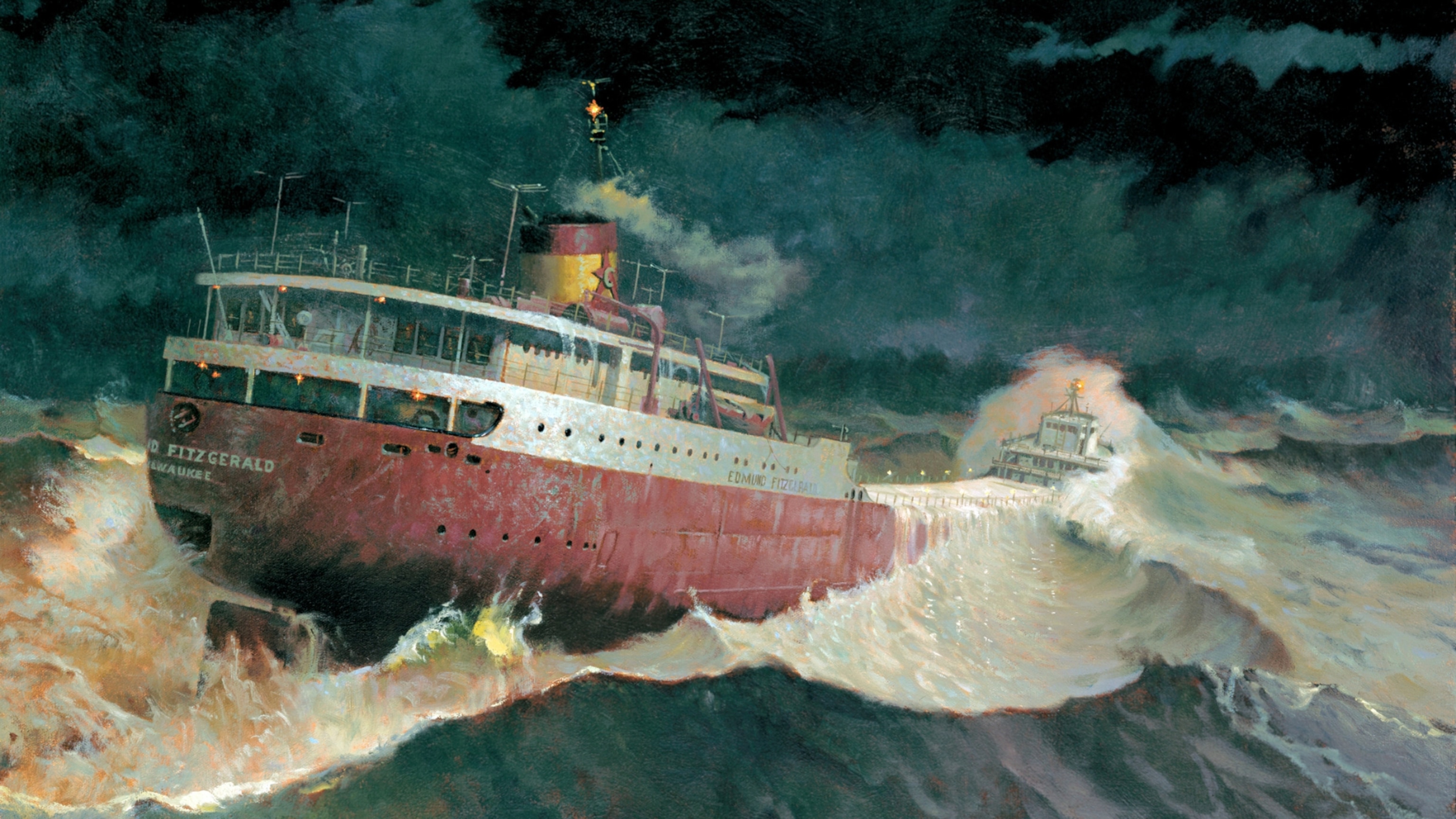A painting of a red cargo ship battling enormous waves beneath a dark, stormy sky