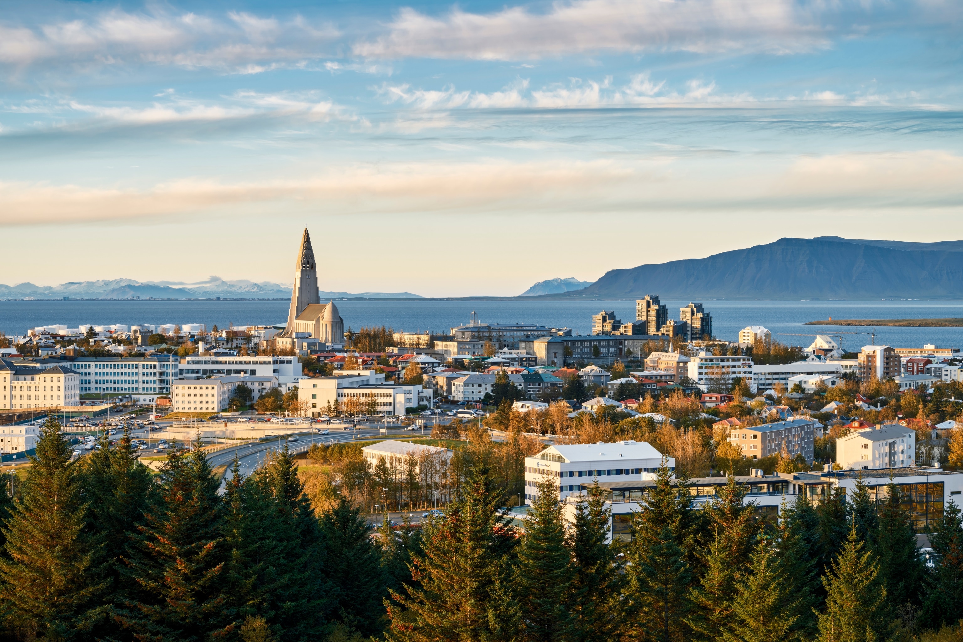 A panoramic view over Reykjavík, with the city's main church Hallgrímskirkja: inspired by the country's mountains prominently rising above the other buildings.