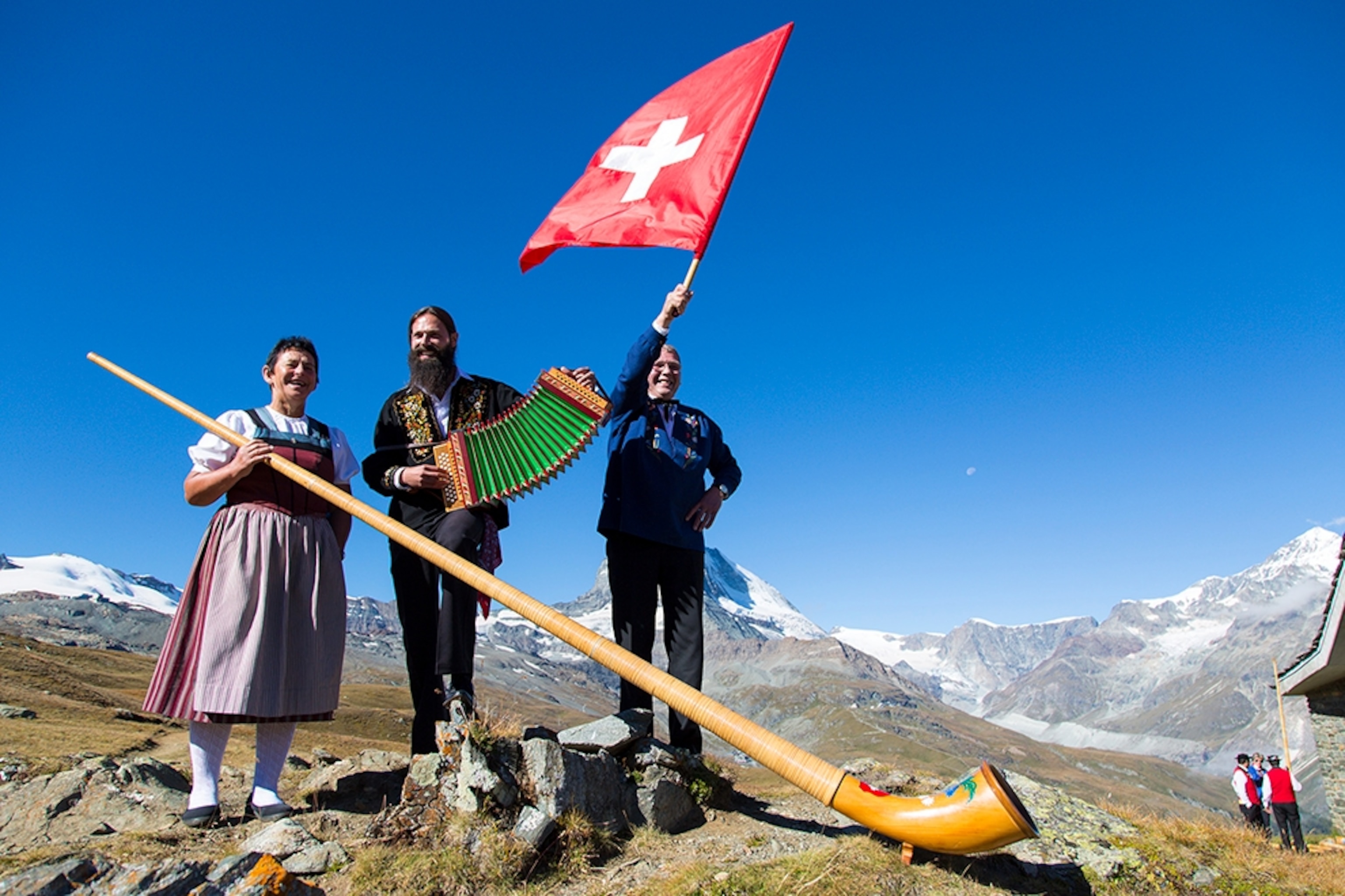 traditional Swiss symbols: an alphorn, an accordion, and a Swiss flag, Switzerland