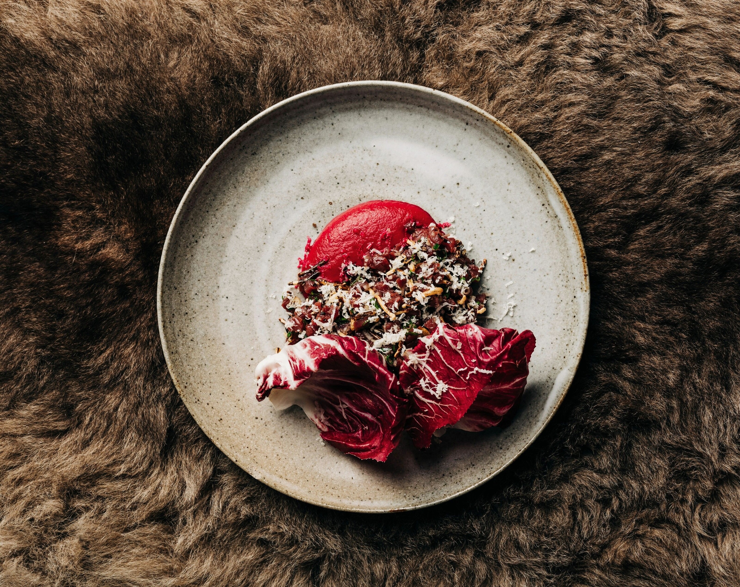 Wallaby tartare with beetroot, radicchio and pepperberry. Tasmania is the only state in Australia where it’s legal to harvest wallaby, a delicious, environmentally friendly meat.