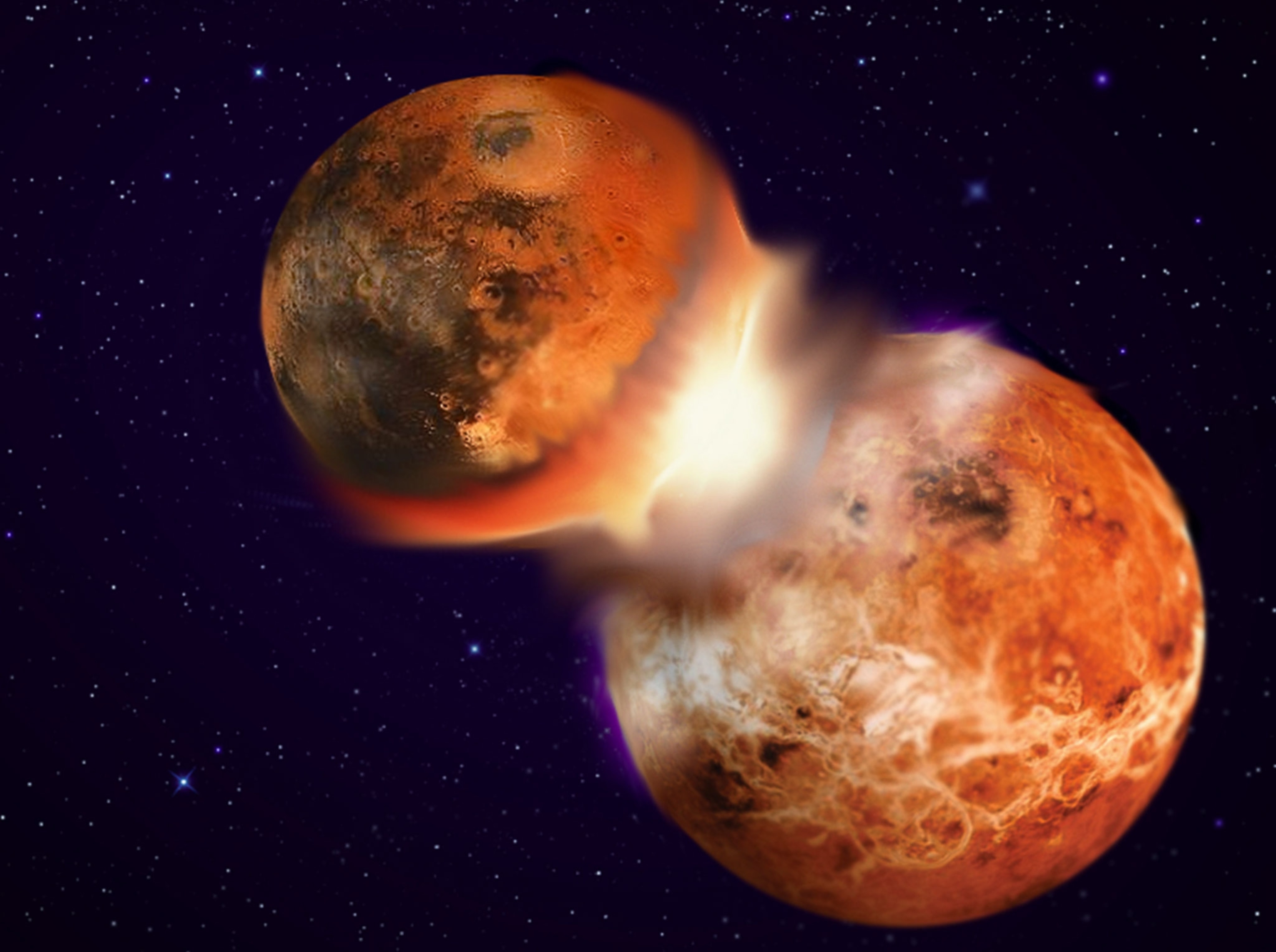 a collision between two planetary bodies leading to the formation of the moon