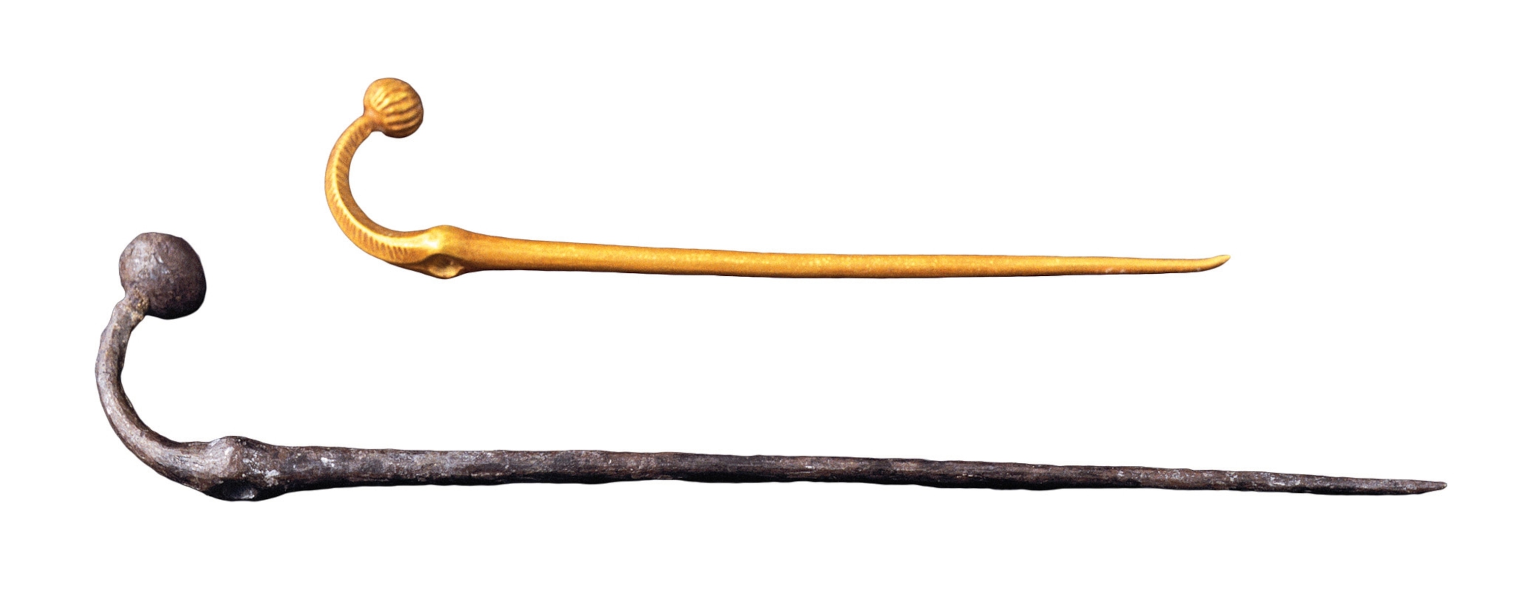 Gold and silver toggle pins are pictured.