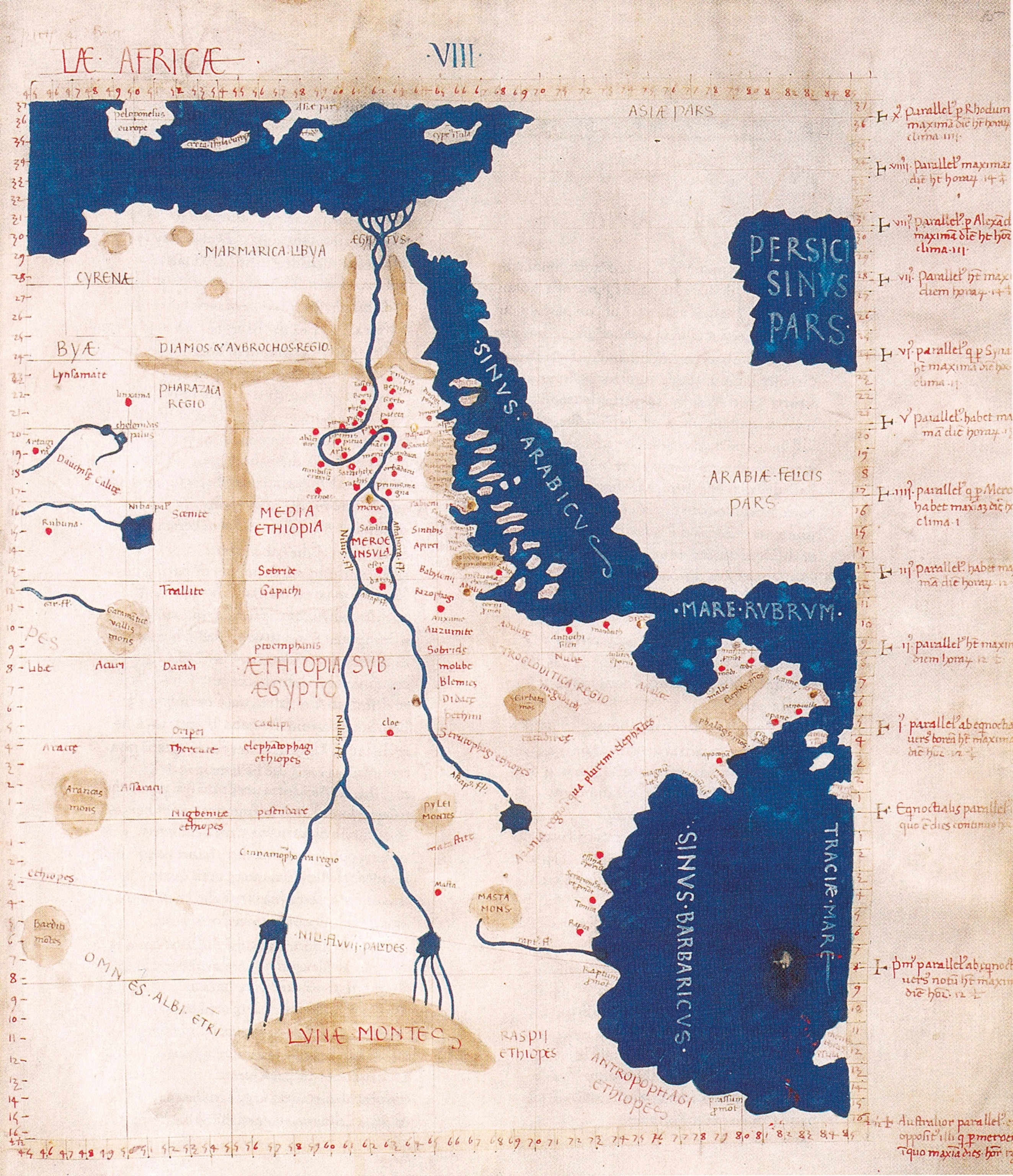 A map of the Nile River that is a medieval re-creation based on the writings from Ptolemy’s Geography,