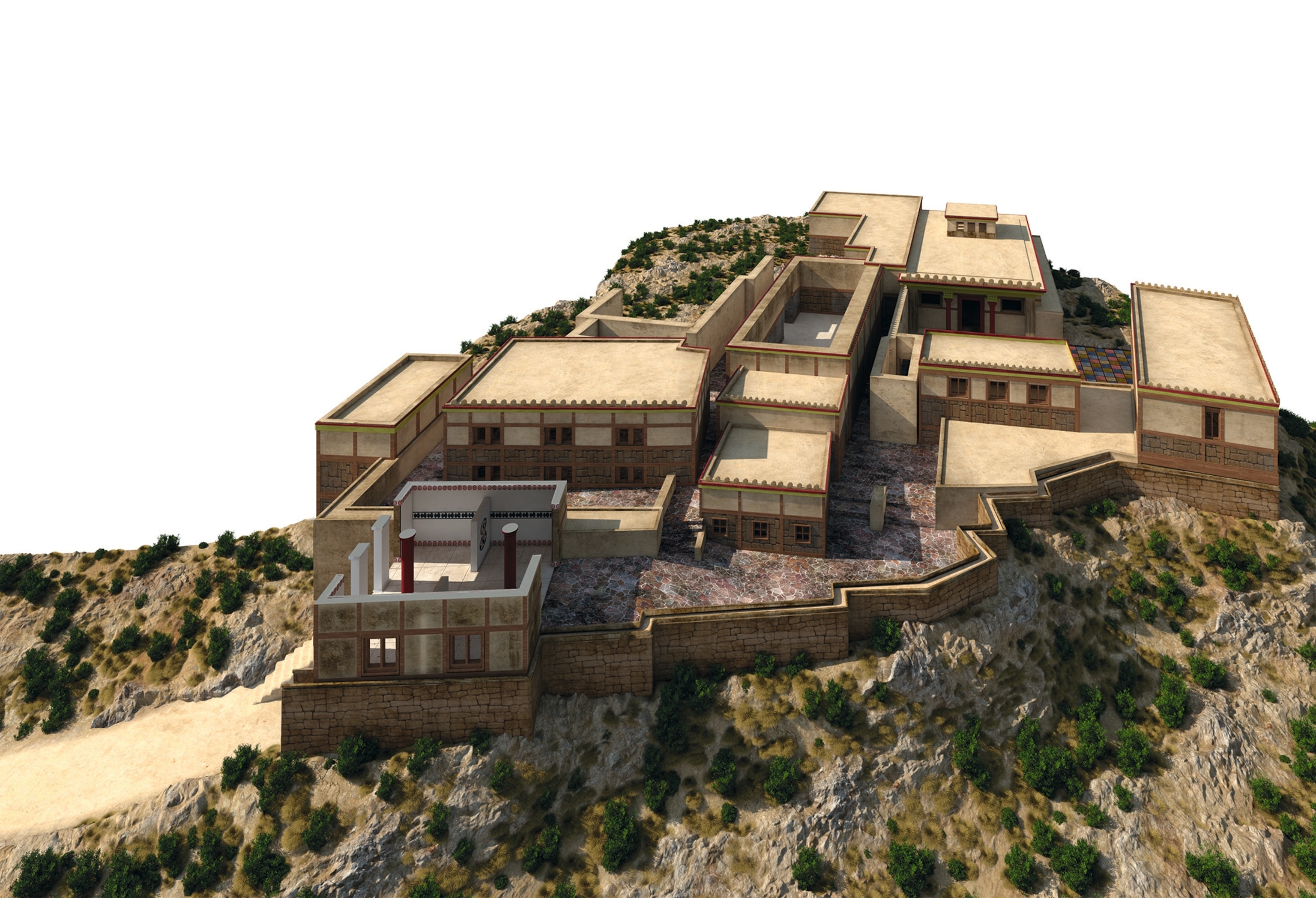 A reconstruction shows how the palace at Mycenae may have looked.