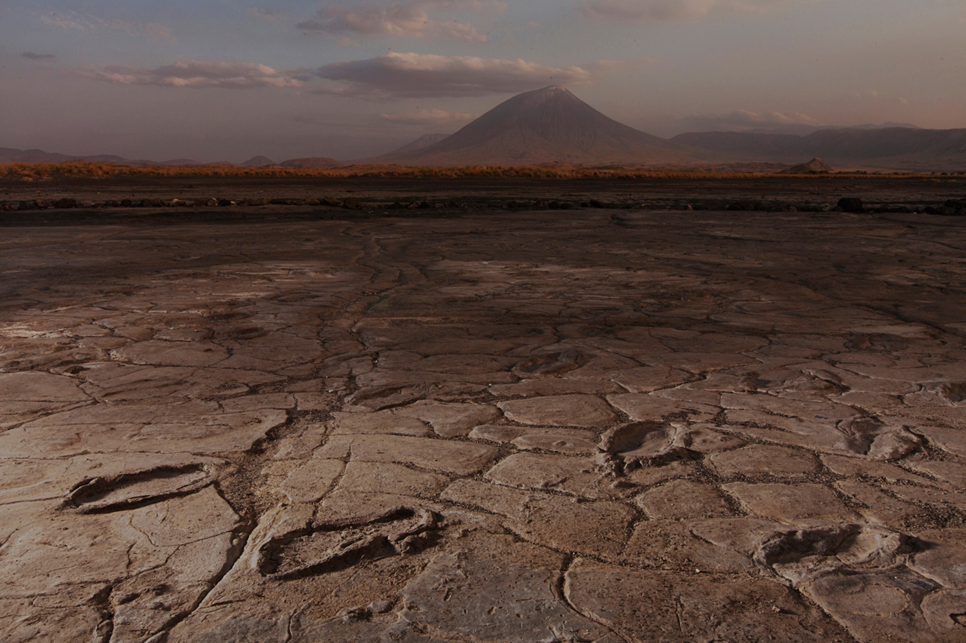 A fast-moving party of more than a dozen adults and adolescents left footprints in volcanic ash in the Pleistocene, providing ancient evidence of modern humans on the move in East Africa. The tracks are prserved at Engare Sero in Tanzania beneath a still active volcano.