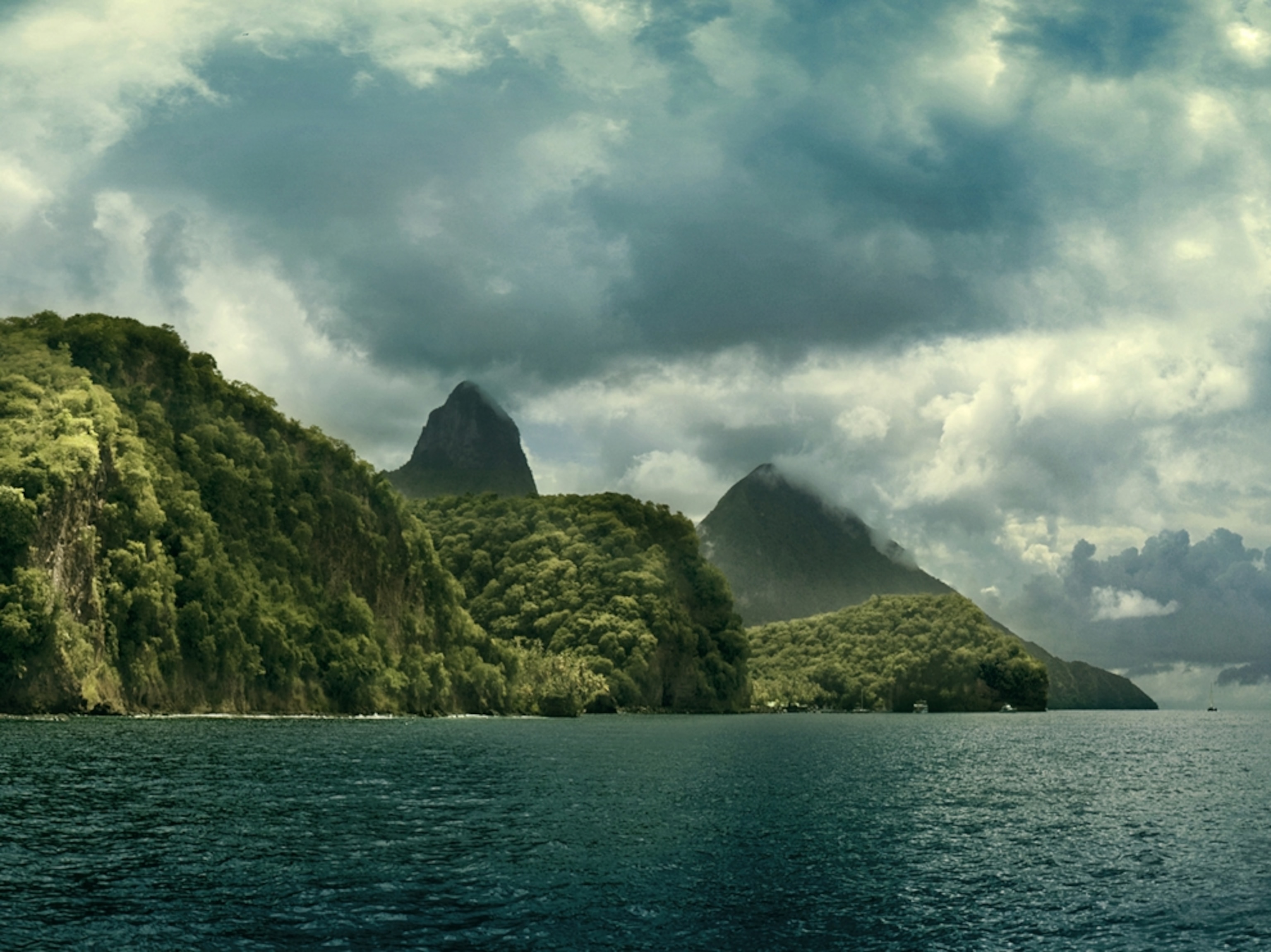 View of the Pitons from the north, down the western coast of St. Lucia