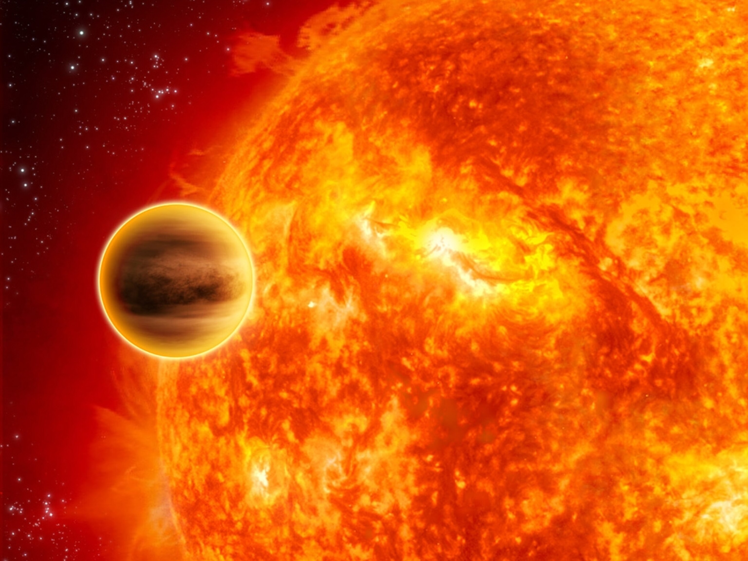 An artist's concept of an exoplanet orbiting a star.