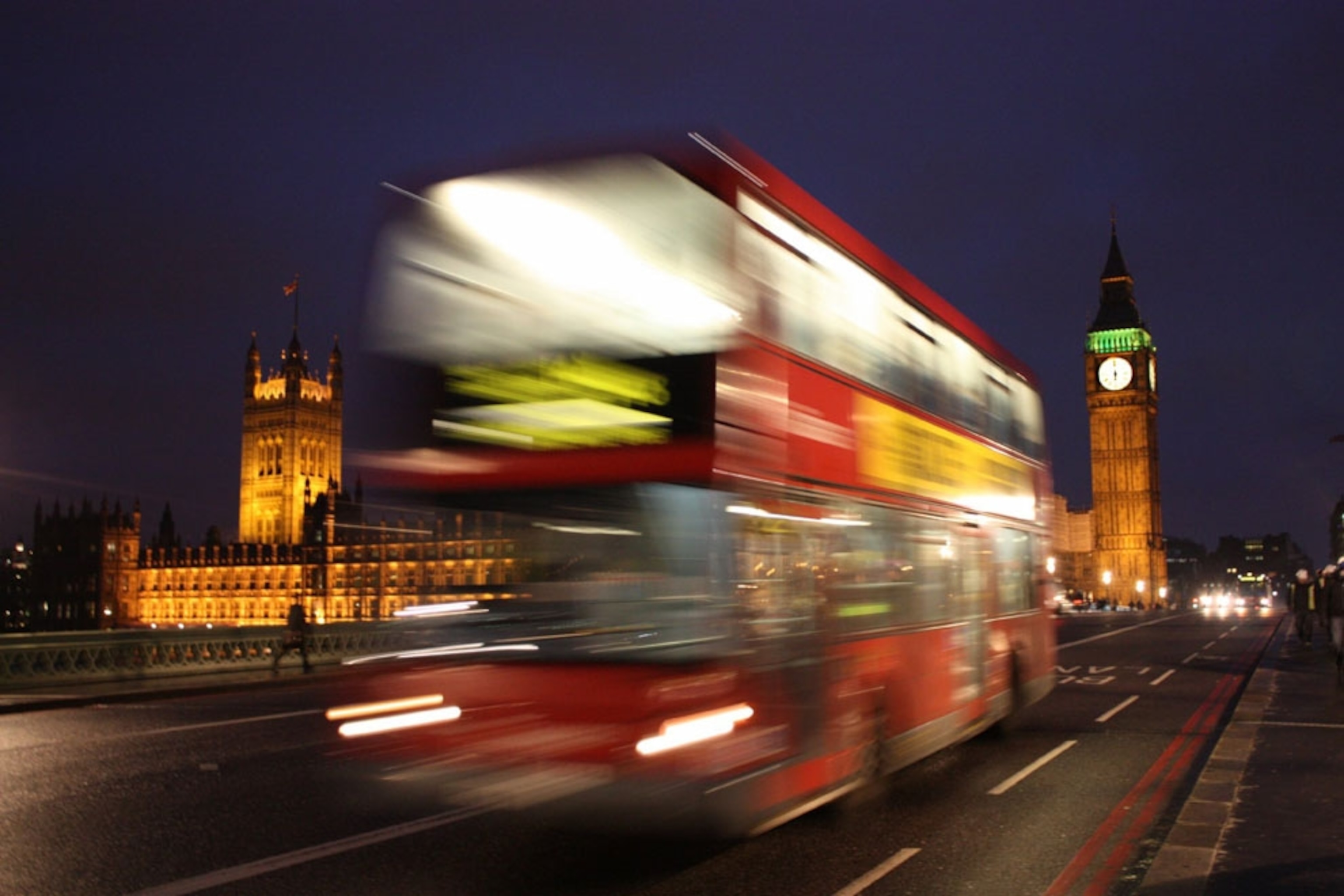 Bus at Night near London's Big Ben
