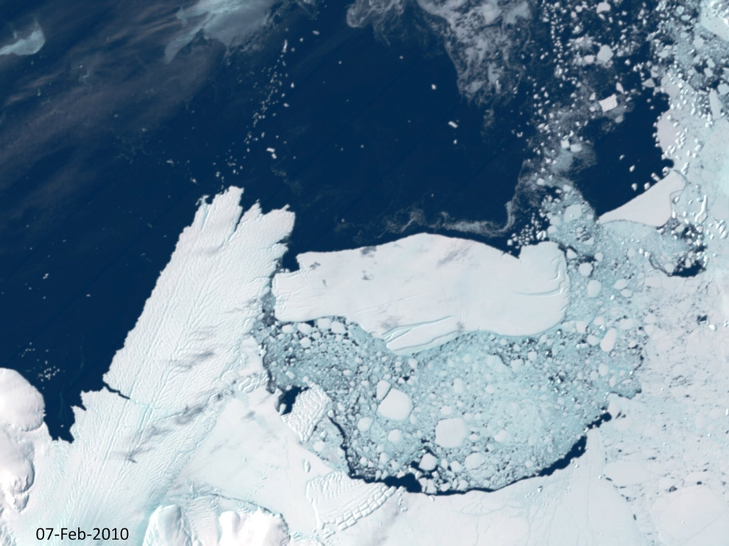 Satellite picture of giant iceberg collision in progress in Antarctica