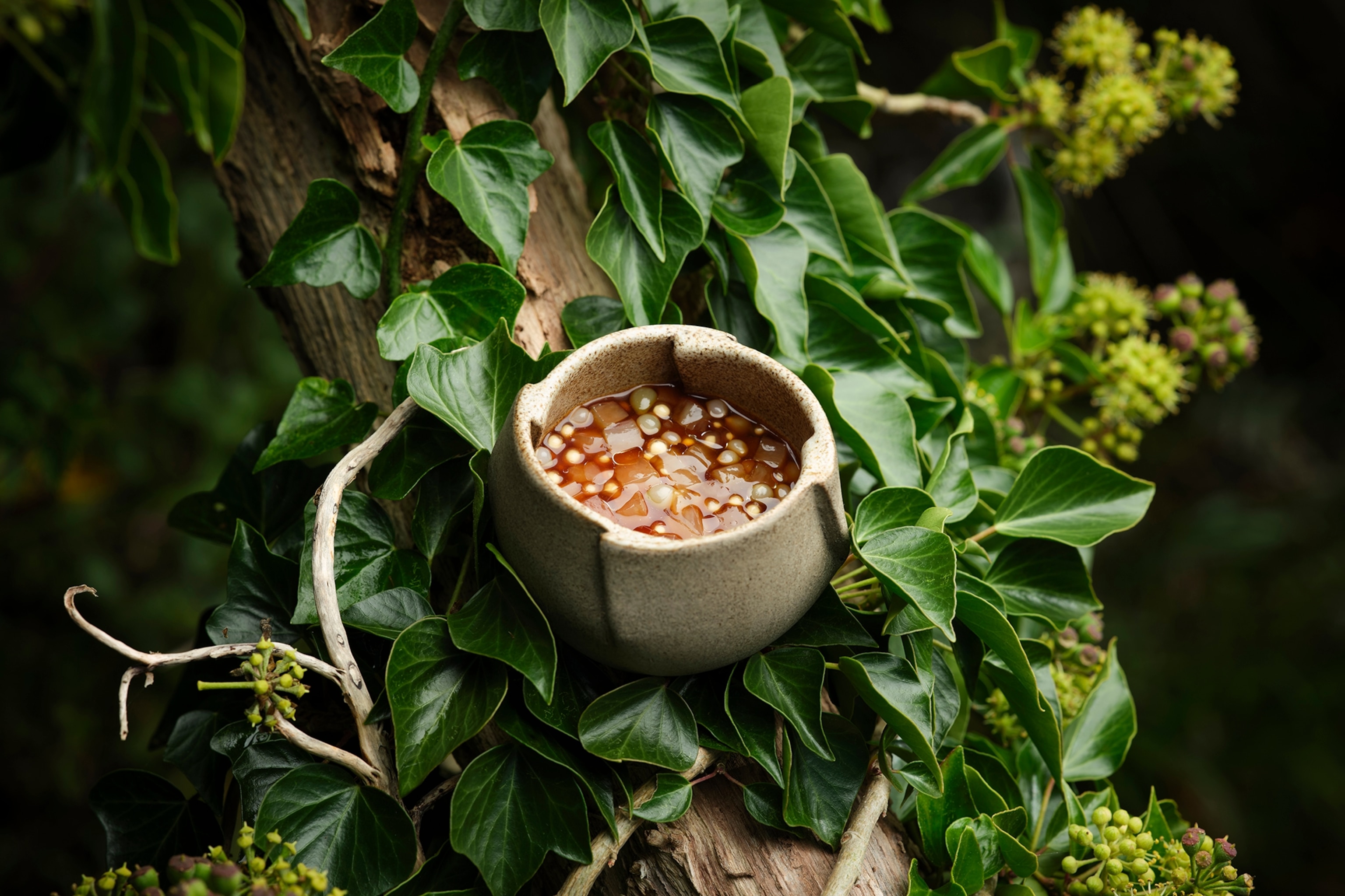 A small Japanese cup resting on a trunk decorated with leaves.