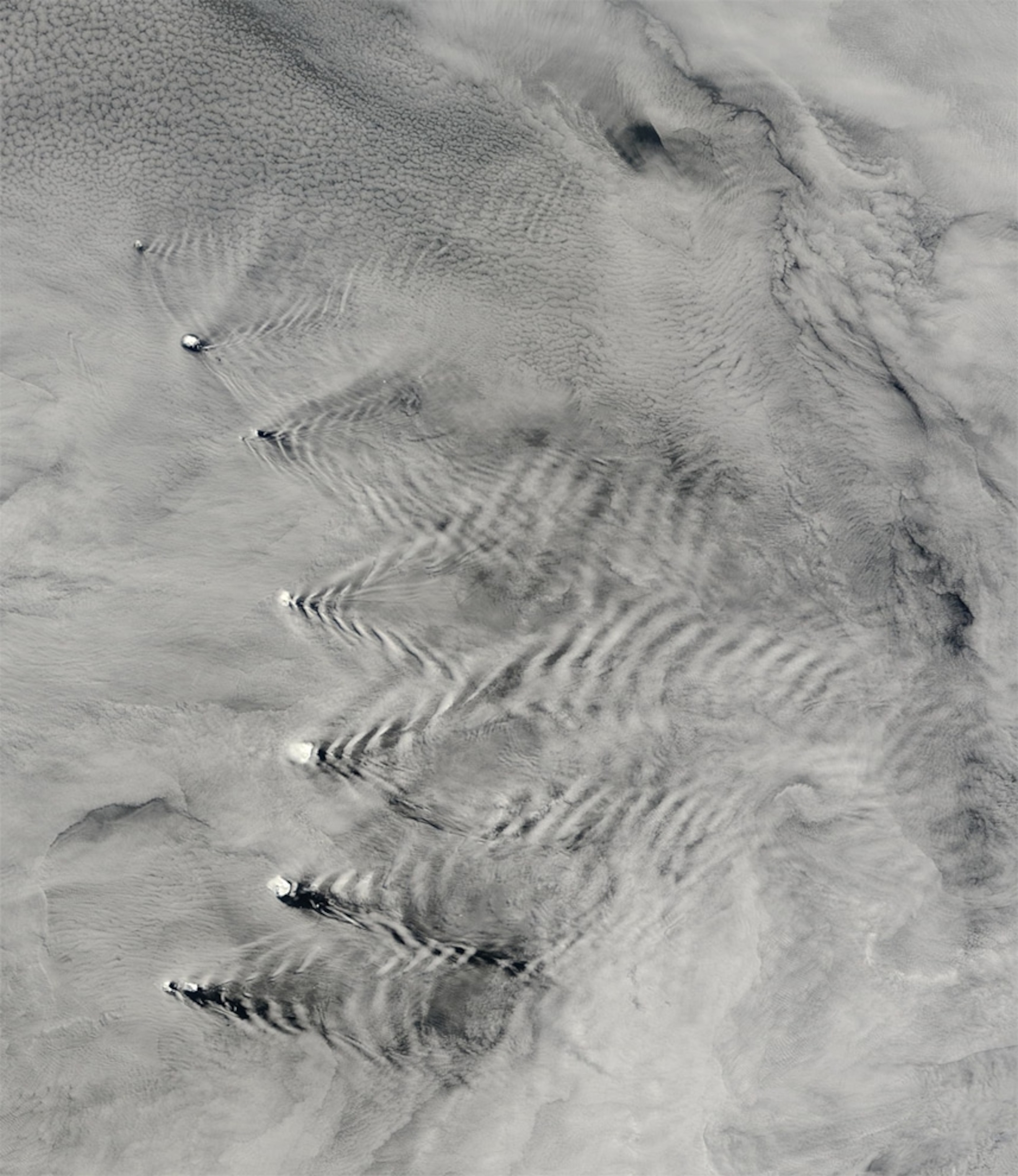 the British-controlled South Sandwich Islands create V-shaped "wakes" in clouds over the Atlantic Ocean
